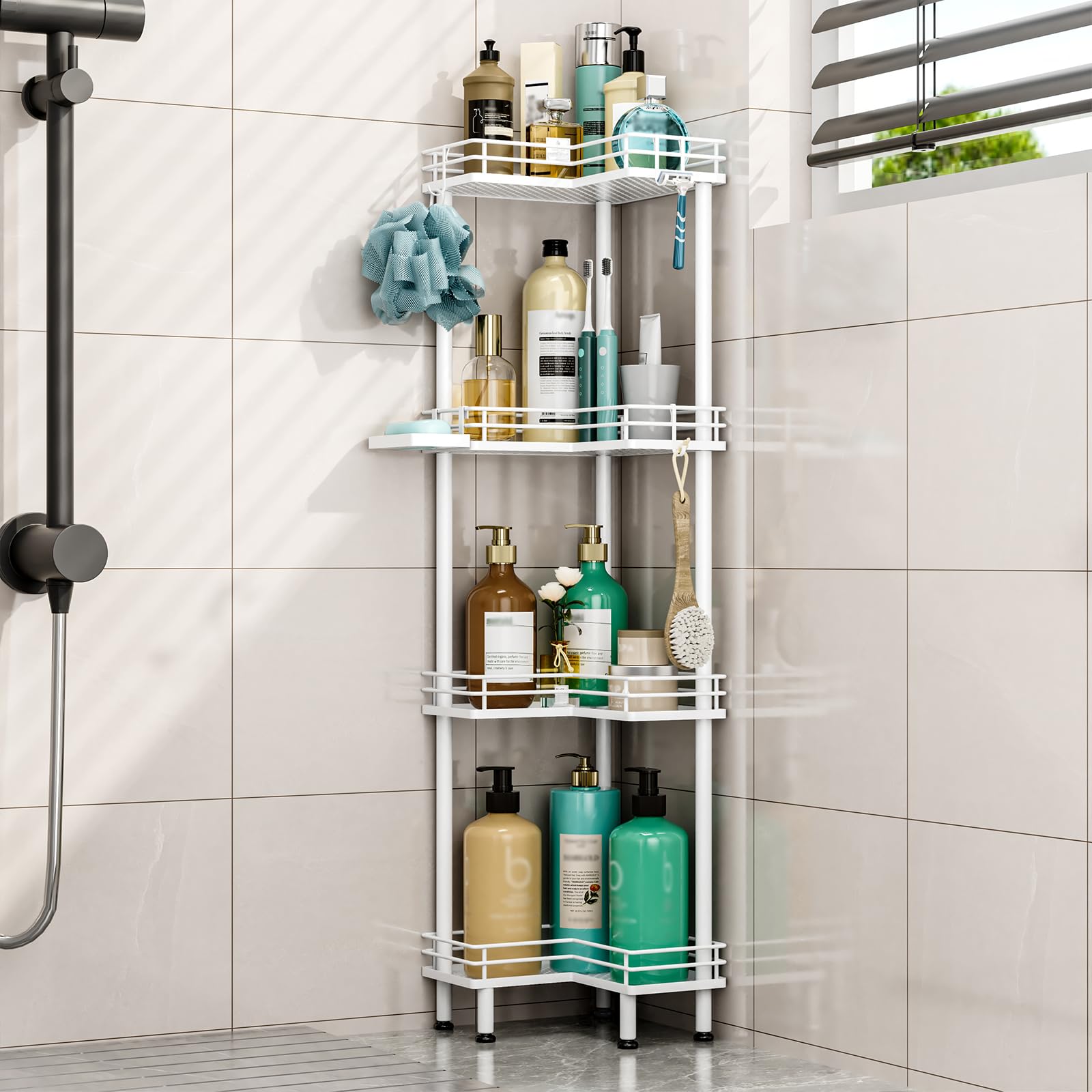 HapiRm Freestanding Shower Caddy Corner - 4 Tier Shower Storage with Soap Holder, Stainless Steel Corner Bathroom Storage with 4 Hooks for Shampoo, Tall Floor Bathroom Caddy Freestanding