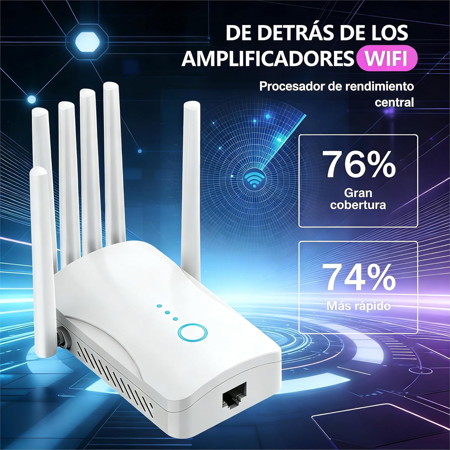 Répéteur Wi-FI 6 Antennes pour Maison et Bureau, Amplifie Le Signal Wi-FI Jusqu’à 120m²,Connexion Rapide et Stable, Idéal Streaming, Jeux en Ligne et Télétravail
