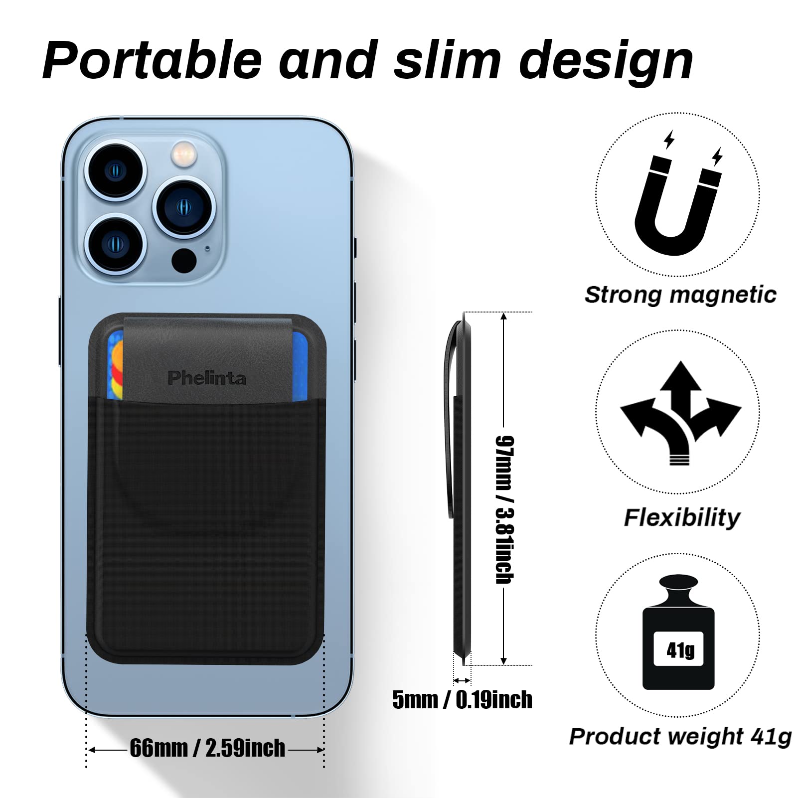 Phelinta Magnetic Wallet Kompatybilny z MagSafe Wallet dla iPhone 17/Air/16/15/14/13/12 Serii, Magnetyczny Portfel na Karty Kredytowe z Klapką, Przechowuj 5 Karty