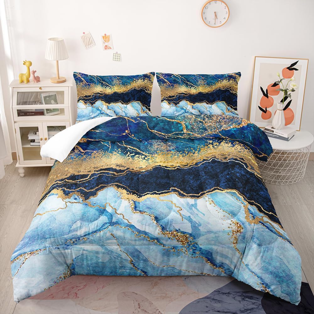 Blue Gold Marble Comforter Bedding Set - Twin Size Gradient Marble Bed Set for Girls & Women - Soft Microfiber Duvet Quilt with 1 Pillowcase
