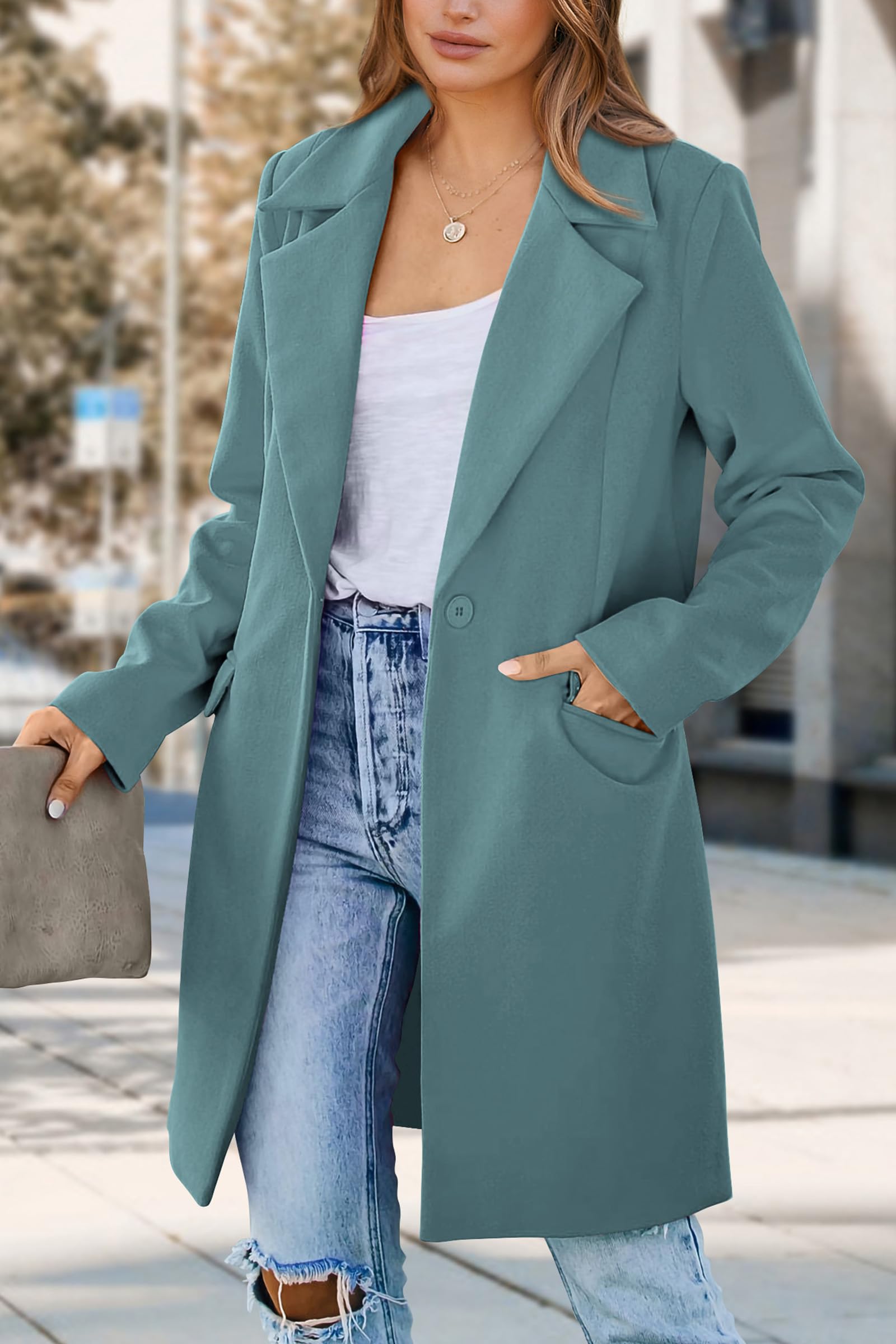 PRETTYGARDEN Women's Business Casual Long Blazer Jackets(Blue Green,S) view 5