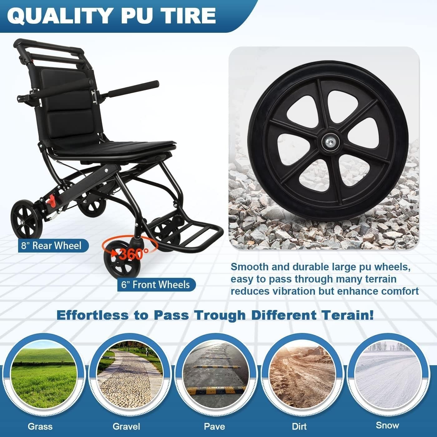 Broobey Ultra Light Portable Folding Transport Wheelchair Weight Only 15lbs, Lightweight Transport Travel Chair Support 220Lbs, Aluminum Wheelchair for Adults and Seniors : Health & Household