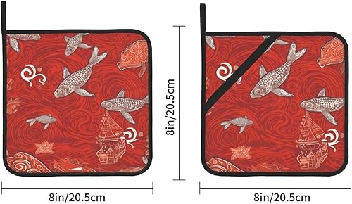 Miniatura 2 de Juego de 2 soportes para ollas con estampado de animales de mar rojo, resistentes al calor, antideslizantes, impermeables, con lazo para microondas,