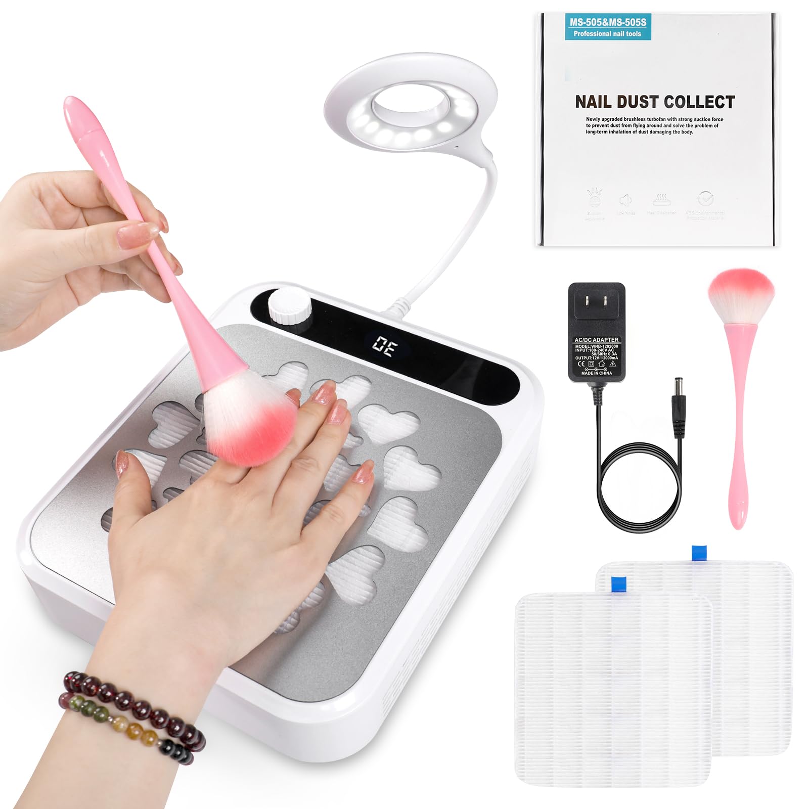 Colector de polvo de uñas, colector de polvo de uñas con luz LED y 2 filtros reutilizables y cepillo de limpieza, colector de polvo al vacío para manicura, esmalte de uñas de gel acrílico,