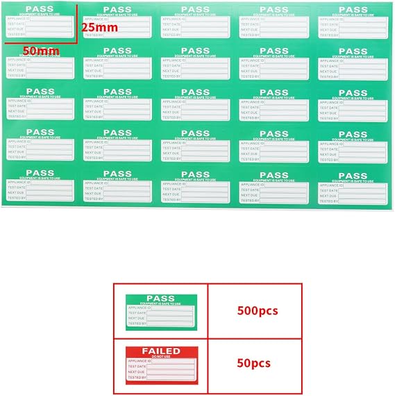 550Pcs PAT Testing Stickers - 500Pcs Pass, 50Pcs Failed - 50x25mm PAT Labels Appliance Testing Labels