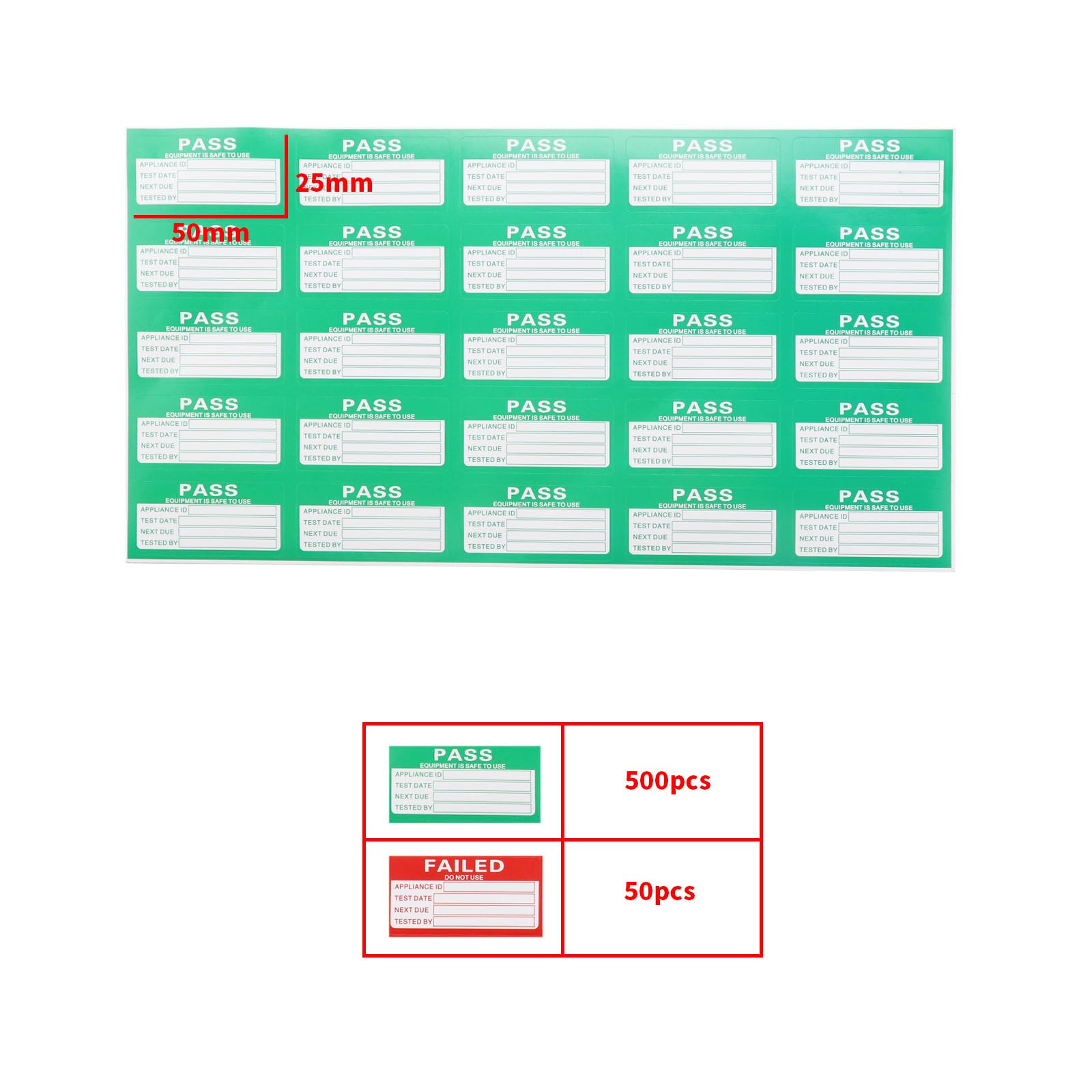 OTOTEC 550Pcs PAT Testing Stickers (500Pcs Pass, 50Pcs Failed) 50x25mm Rectangular Labels, Red, Green, White - Image 4