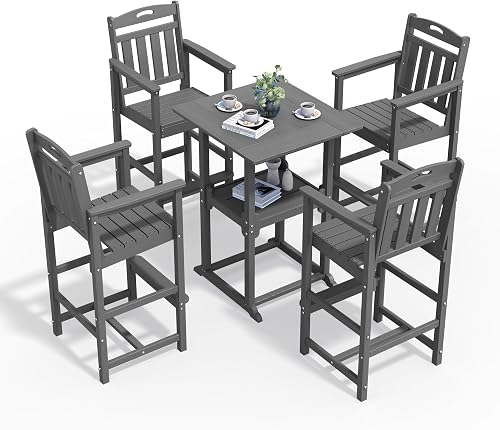Ciokea 5-Piece Outdoor Bar Height Table Set with Storage Shelf & 4 Adirondack Chairs, All-Weather HDPE, Dark Grey