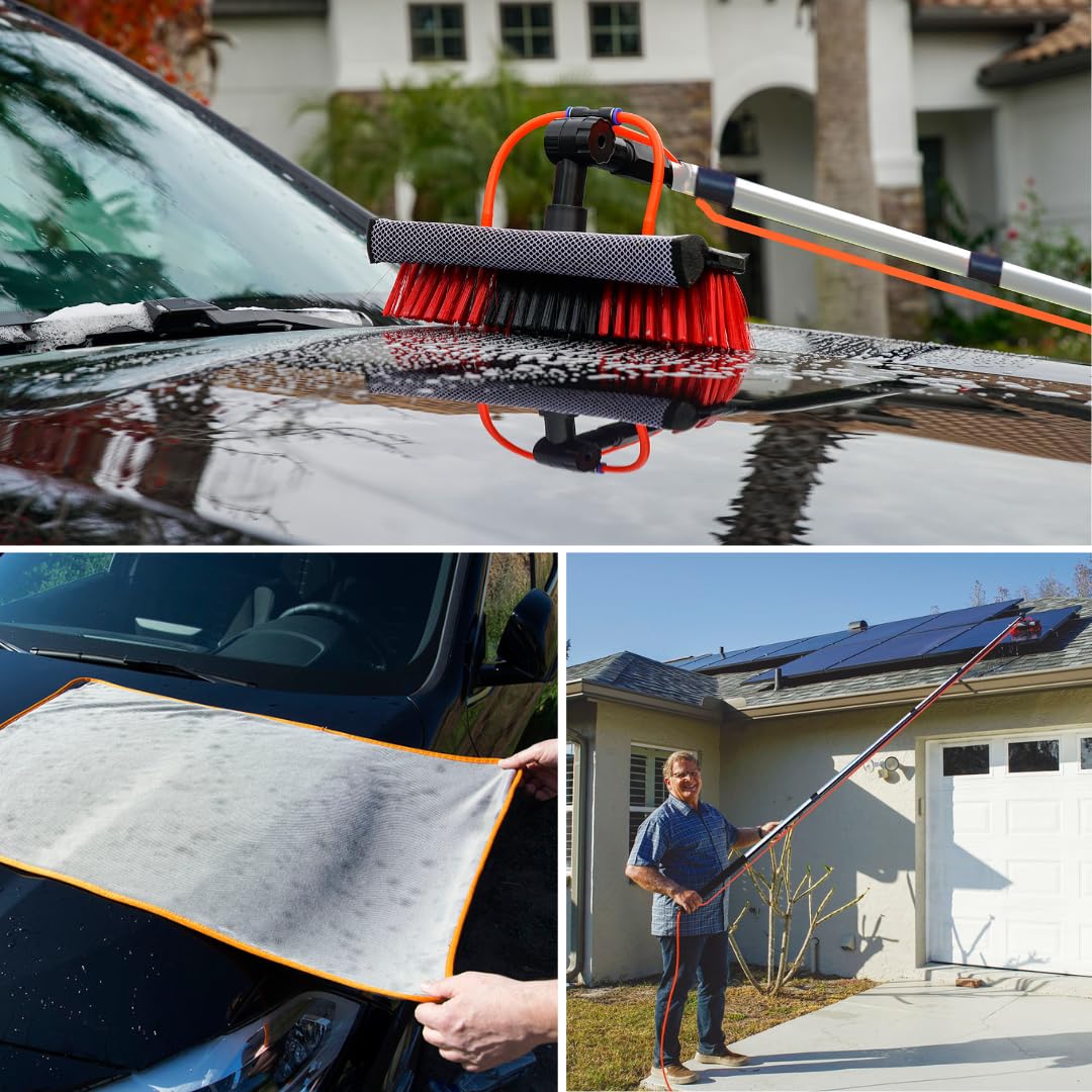 STARLYF Balai de nettoyage Hydrocleaner 3,6 m + serviette à séchage rapide, alimenté par eau, doseur de savon, nettoyage des panneaux solaires, lavage de camions, bus, voitures, plafonds