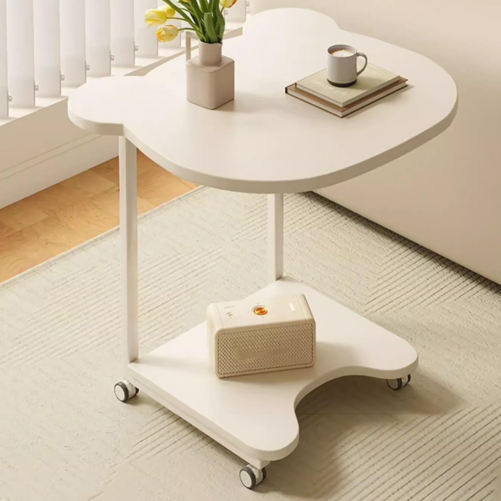 SXZenSpace Mobile Side Table Creative C Shaped End Double Layer Design Sofa coffee tables for Living Room Bedroom Small Spaces(White)