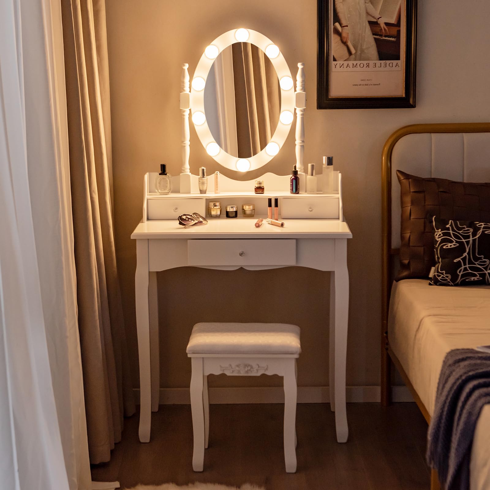 HOMASIS Toeletta da trucco con specchio girevole a 360°, tavolo da toeletta con sgabello in legno, tavolo cosmetico con 3 cassetti e 3 modalità di illuminazione, per camera da letto, 75 x 40 x 143,5