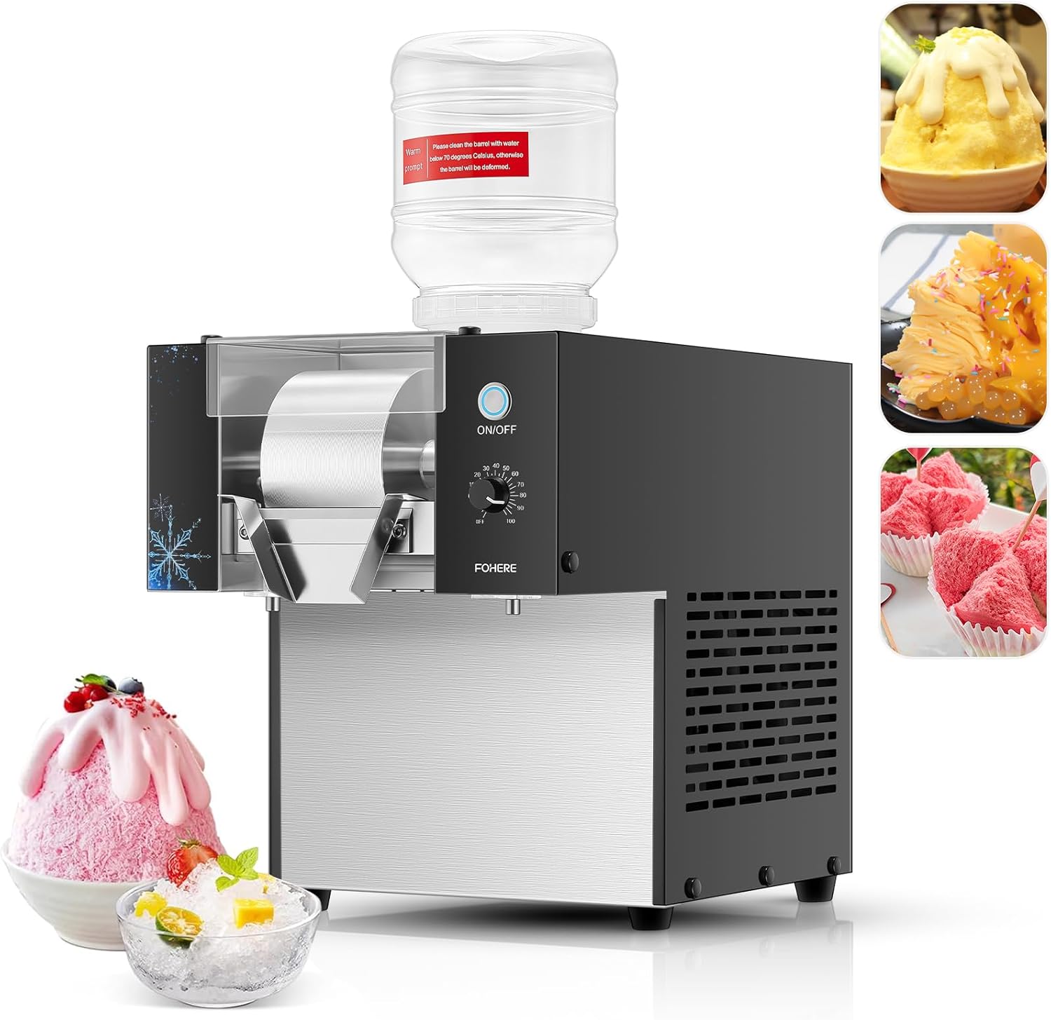 FOHERE Snowflake Ice Machine Commercial 276lbs/24h, Stainless Steel Soft Ice Maker Electric Snow Cone Machine for Dessert Shops, Coffee Shops & Restaurants