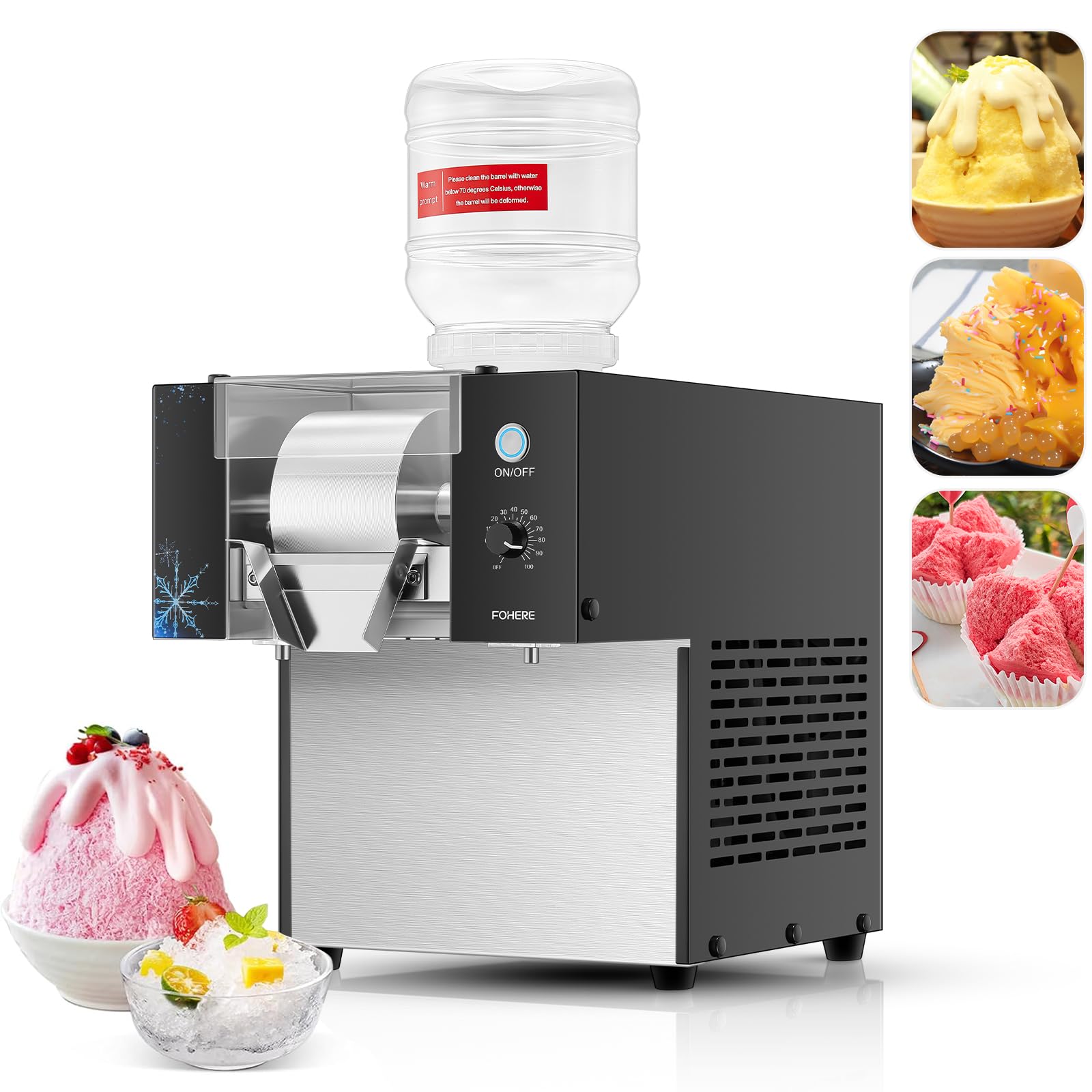 FOHERE Máquina de Hielo en Forma de Copos de Nieve 80kg/24h | Máquina para Raspar Hielo Acero Inoxidable Sistema de Enfriamiento por Líquido para Rápida Disipación del Calor para