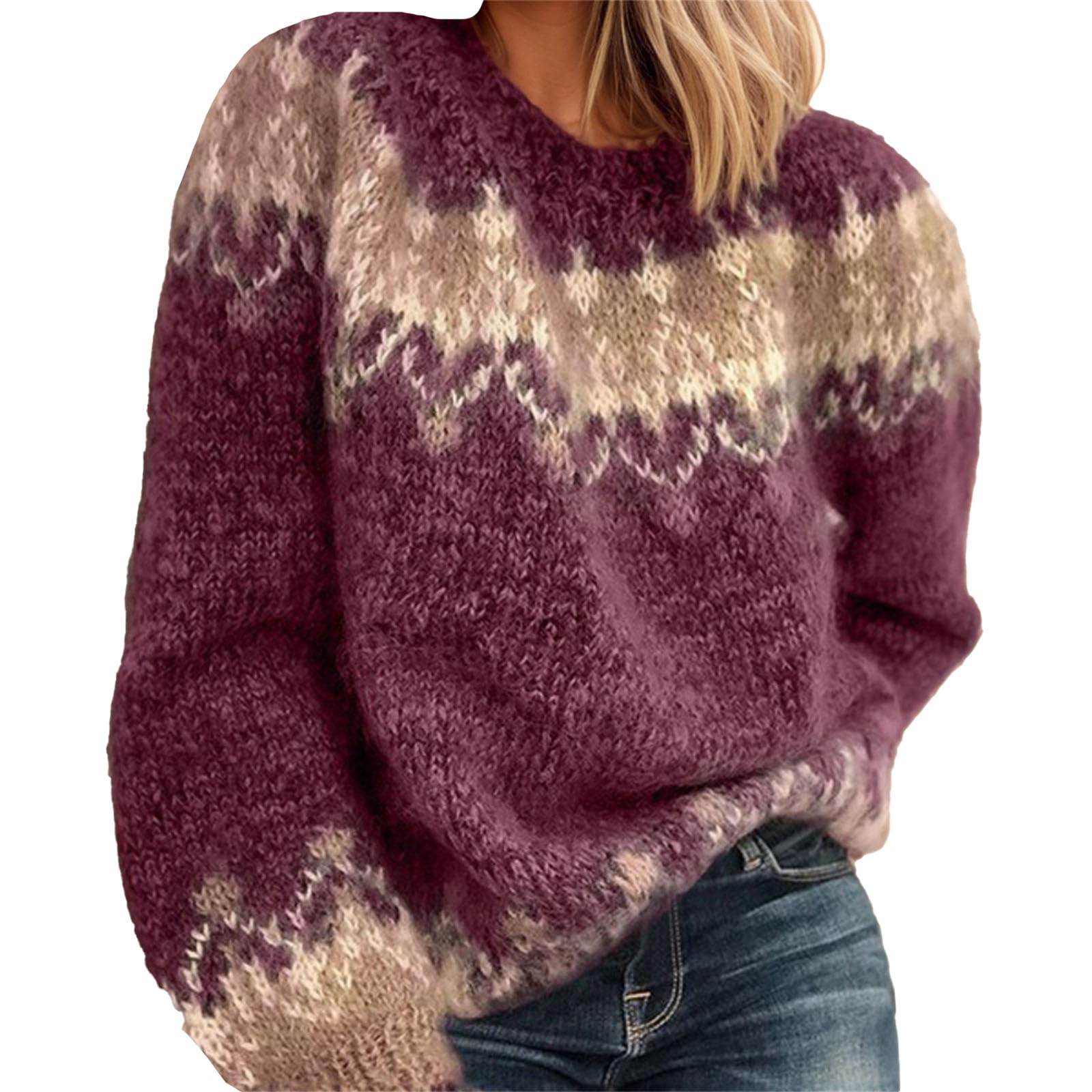 Fair Isle Vintage Sweaters for Women Trendy Fall Long Sleeve Boho Knit Tops Casual Oversized Cozy Pullover Crewneck