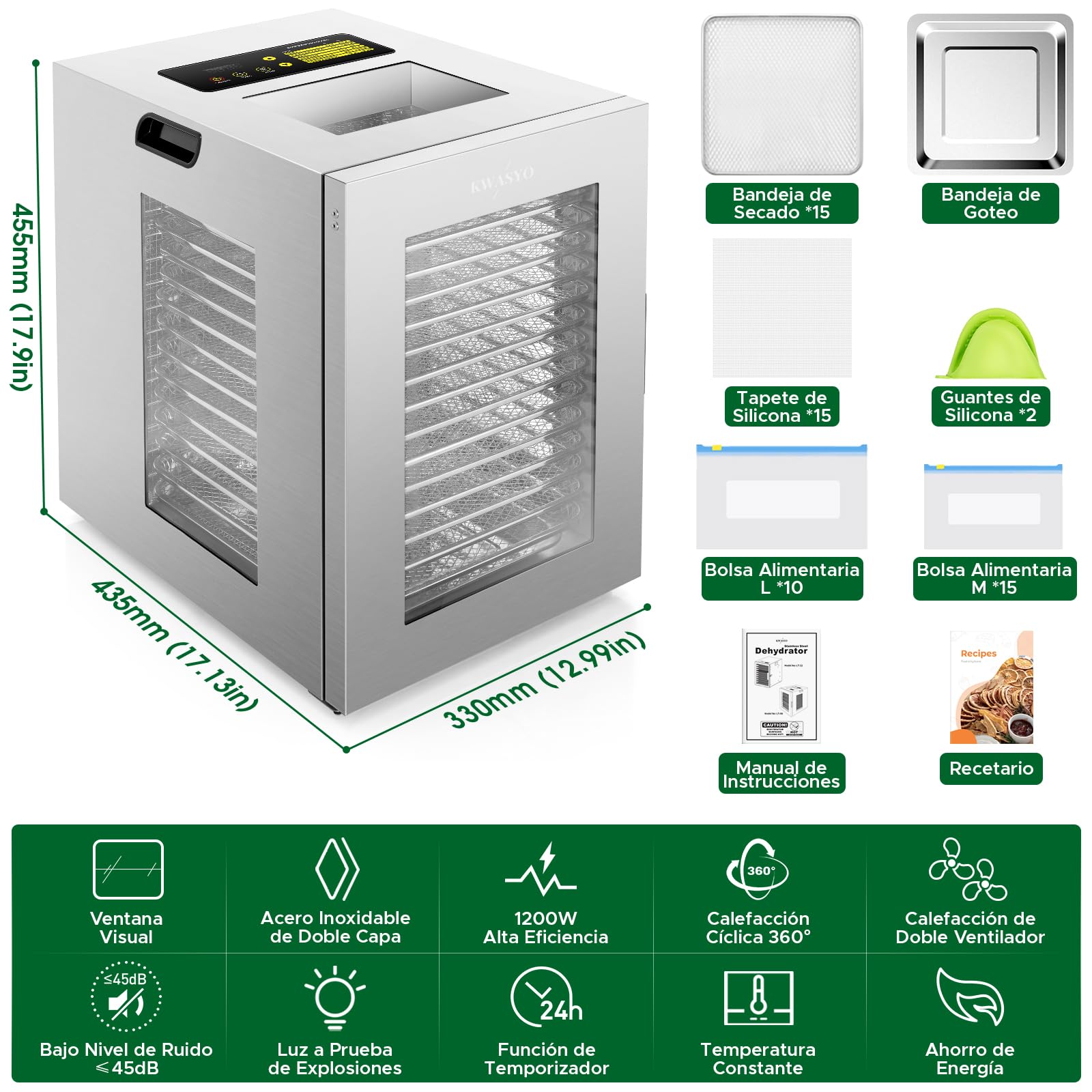 Kwasyo Deshidratador Alimentos 15 Bandejas Inox, 1200W Doble Ventilador, para Carne, Fruta, Snacks Perros, Hierbas, Temp. Ajustable 90°C, Temporizador 24H, Ventanas Múltiples, Secado Potente