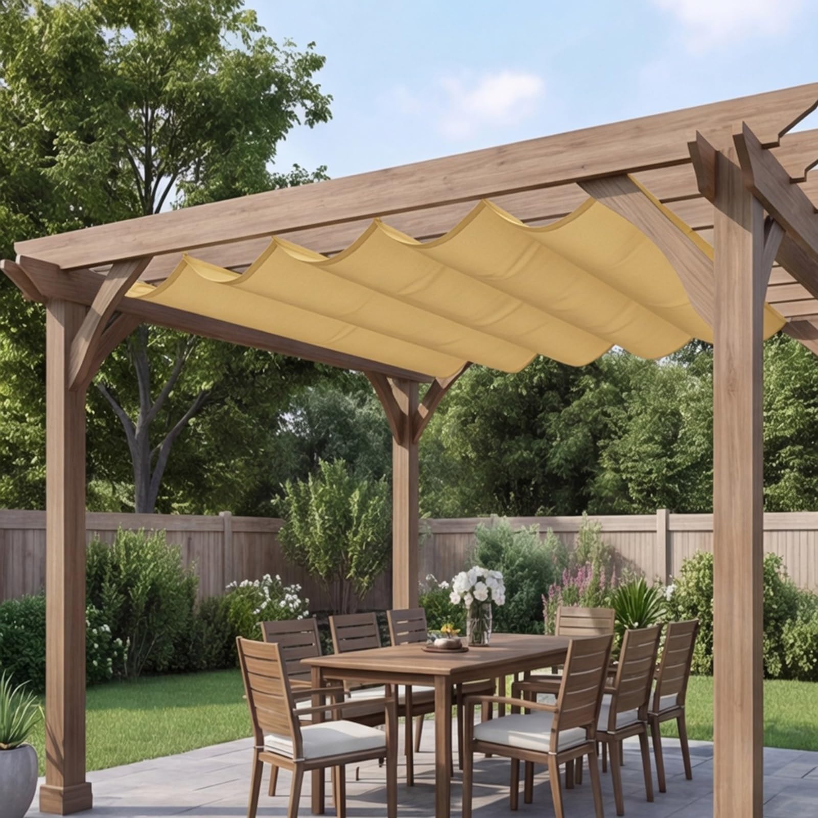 Ausziehbares Wellen-Sonnensegel 3.2 x 5.6 m HDPE Nach Maß Pergola Markise Uv-Schutz Sonnenschutz Wasserdicht für Markise Terrasse Deck Hof Veranda Pavillon, Sandgelb