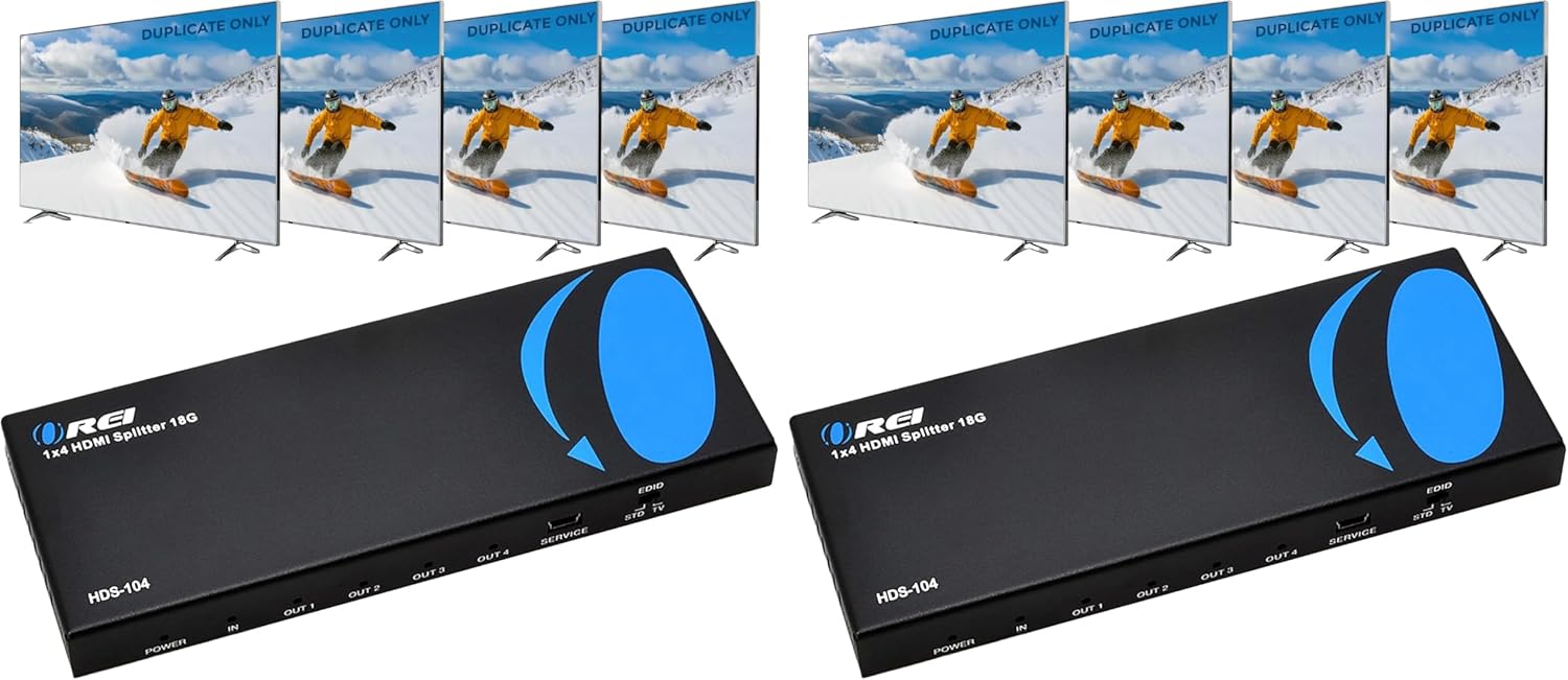 OREI HDMI Splitter 1 in 4 Out – 4K@60Hz HDMI 2.0 Splitter with HDCP 2.2, EDID Management, and LPCM/Dolby/DTS Audio Support – Compact Plug & Play Design (Pack of 2)