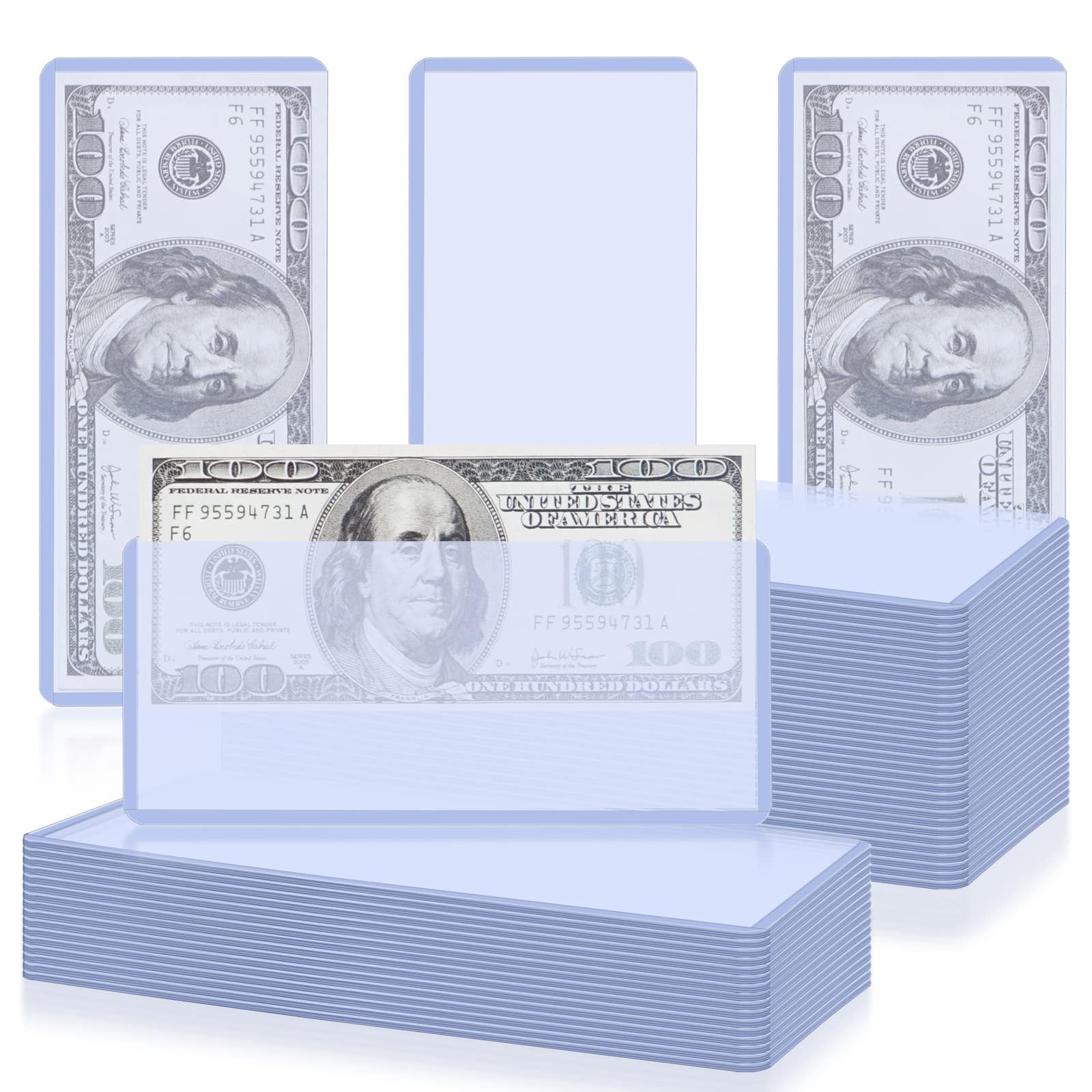 Vmiapxo 50 Pack 6.8" x 2.9" Hard Plastic Clear Money Holder, Waterproof Currency Sleeves Dollar Bill Display Protector Organizer Case Supplies for Collectors