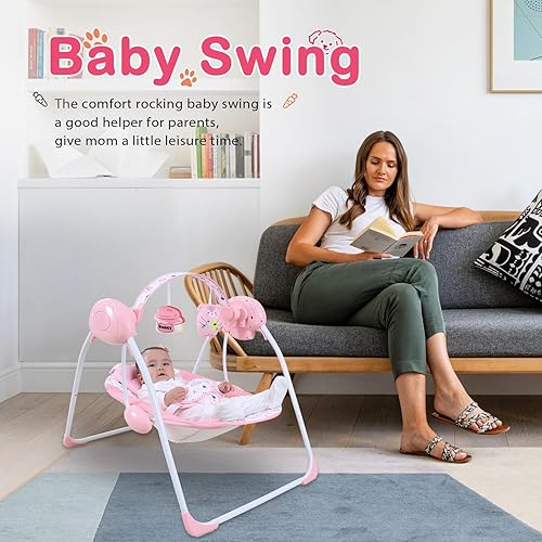 Miniatura 8 de Columpio para bebé niña, columpio para recién nacido con música, 5 niveles de velocidad, ajuste de tiempo, cojín suave, columpio plegable rosa para