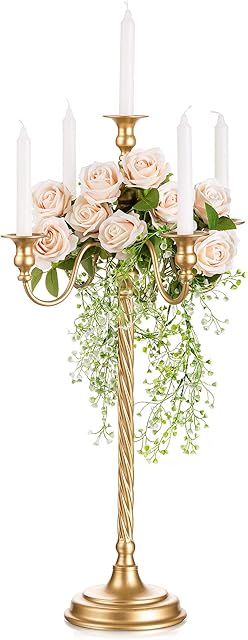 Sziqiqi 71cm Tall Candlesticks Holder Gold Candelabras Wedding Centrepieces for Tables-5 Arms Candle Holder Retro Floor Candle Stick Holder for Taper Candle Centrepiece for Christmas Party Anniversary