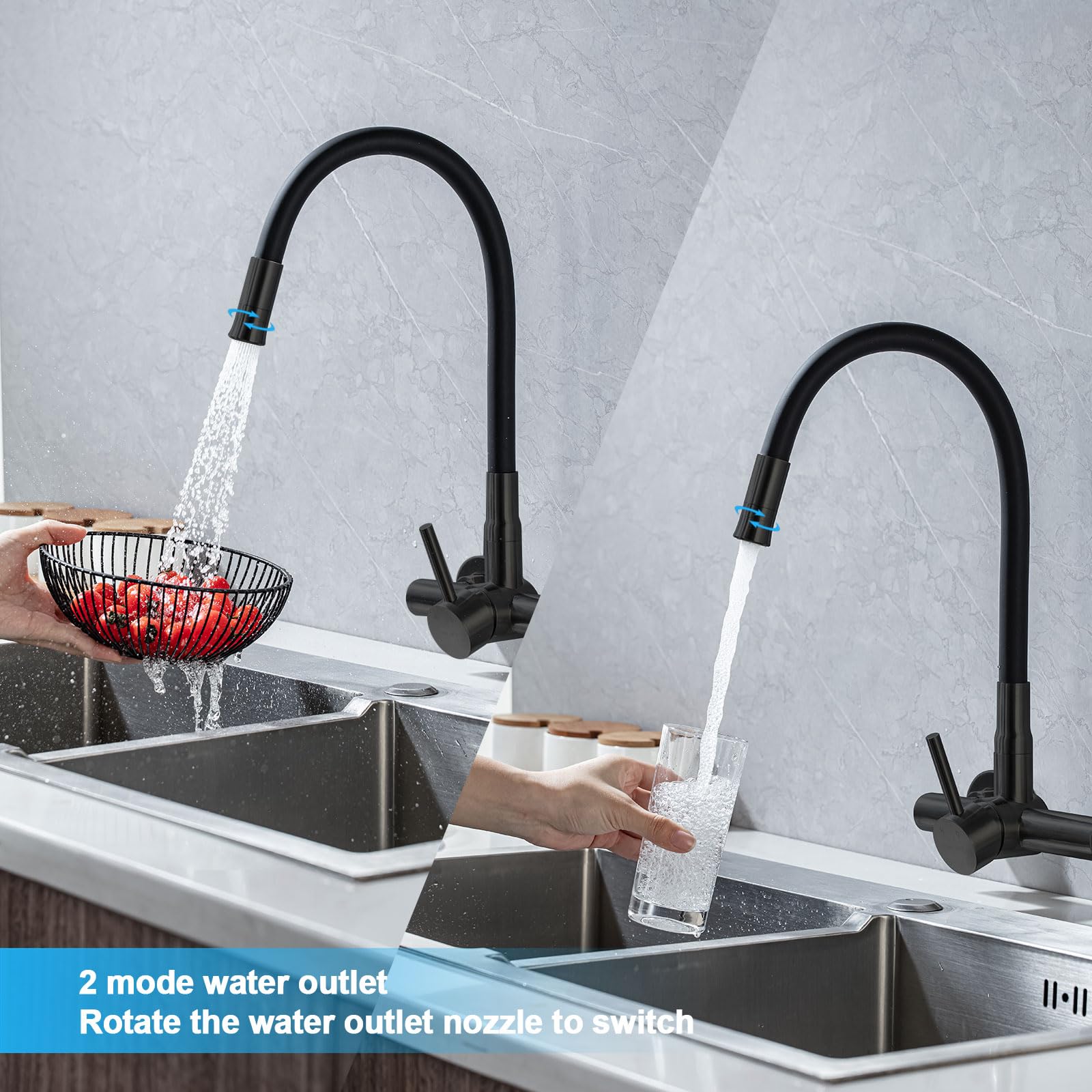 Robinet Cuisine Mural Noir avec Raccord 3/4" pour Lave-vaisselle Lave-linge | Robinet de Cuisine Evier Mural LakeBayMZC Acier Inoxydable avec Double Sortie,Mitigeur Mural avec Bec Flexible pour Cuisines