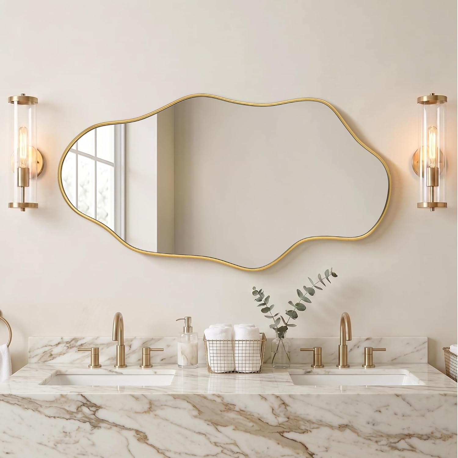 Besdomus Irregular Wall Mirror for Bathroom: 23.5"x44" Gold Asymmetrical Wavy Abstract Wooden Frame Decorative Mirror for Cloakroom/Bedroom/Entryway/Living Room - Ideal for 20-44 Age Fashion Women