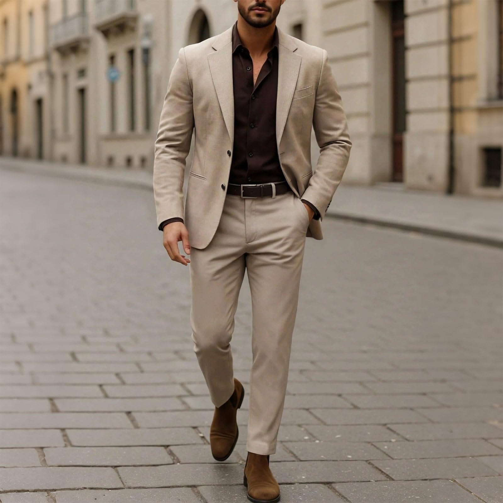 Generisch Tuta da uomo in lino, estiva, tweed, smoking, da spiaggia, con due bottoni, blazer, pantaloni leggeri, vestibilità regolare, giacca in tinta unita, set classico da 2 pezzi