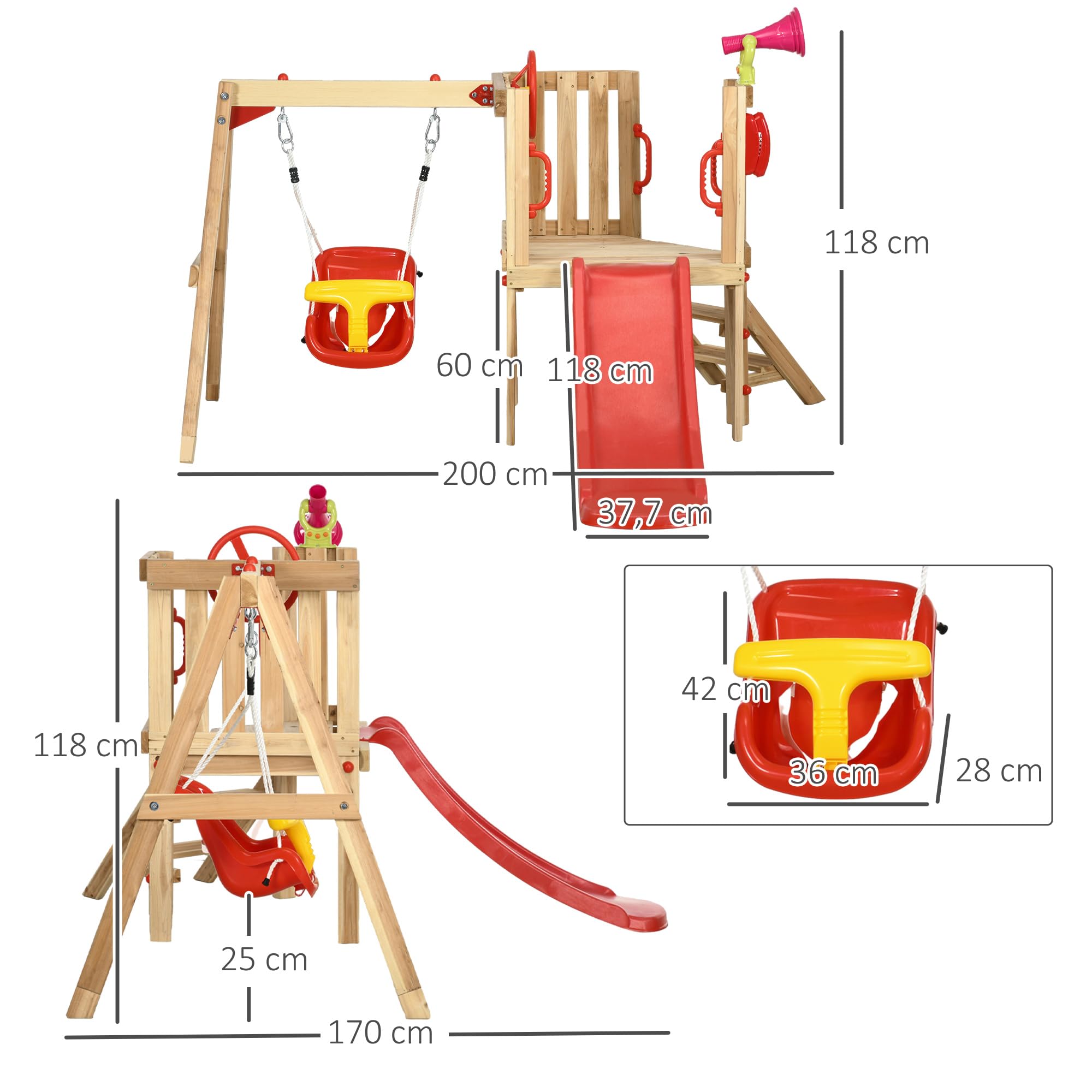 Outsunny Juego de Tobogán y Columpio para Niños de 18-48 Meses 4 en 1 Parque Infantil de Madera con Columpio Tobogán Volante Bocina Teléfono para Patio Césped 170x200x118 cm Rojo y Natural
