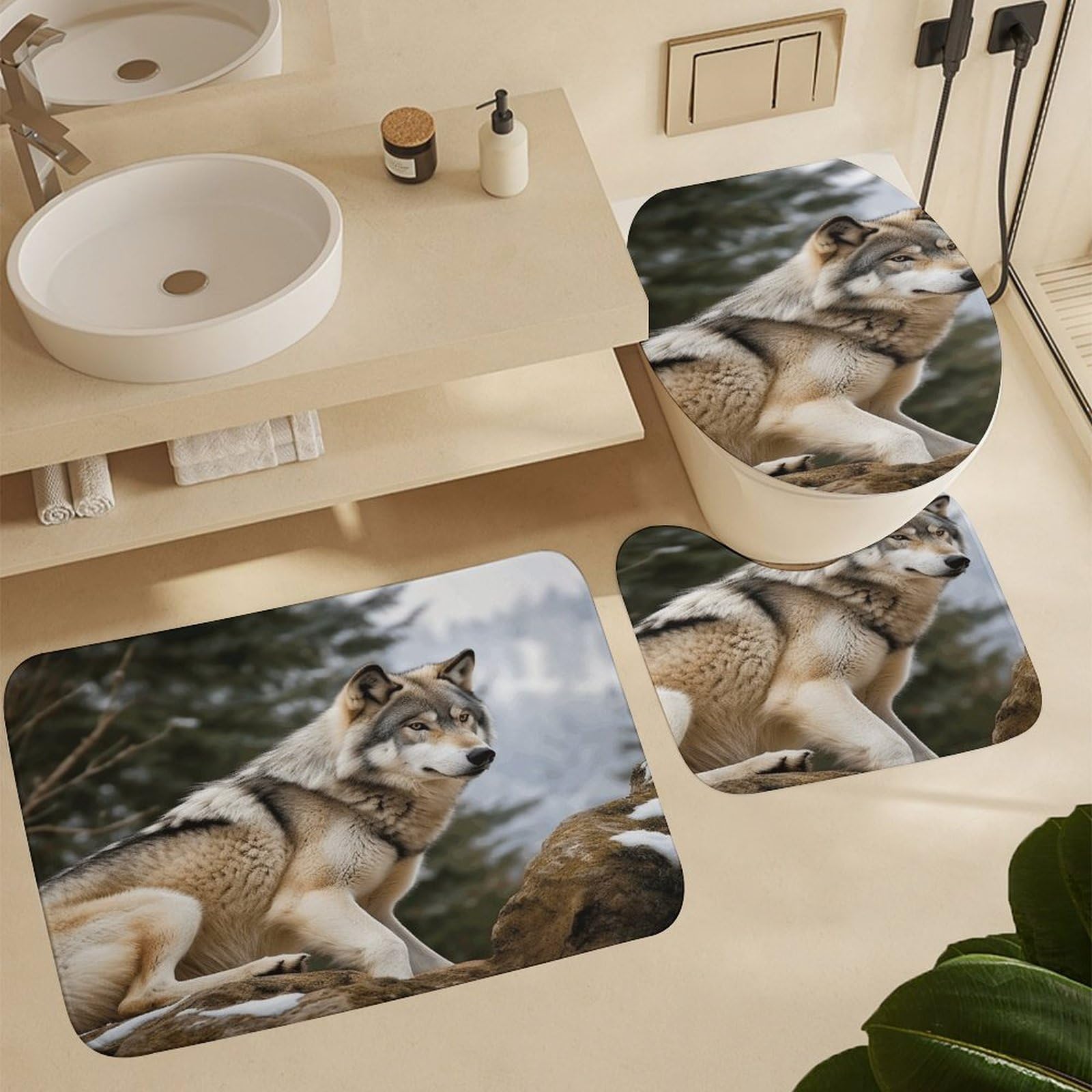Ensemble de salle de bain 4 pièces avec rideau de douche et tapis Motif loup sauvage