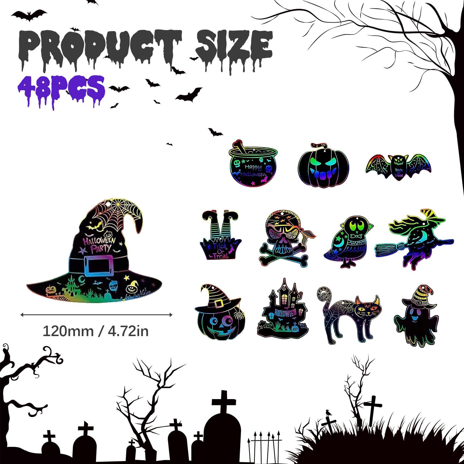 Vordpe Pack of 48 Halloween Scratch Pictures, Colourful Halloween Scratch Art for Children, Halloween Embellishments Hanging Craft Kits, Scratch Art Paper with Wooden Pens Ribbon (B-GHZ307) - Image 2
