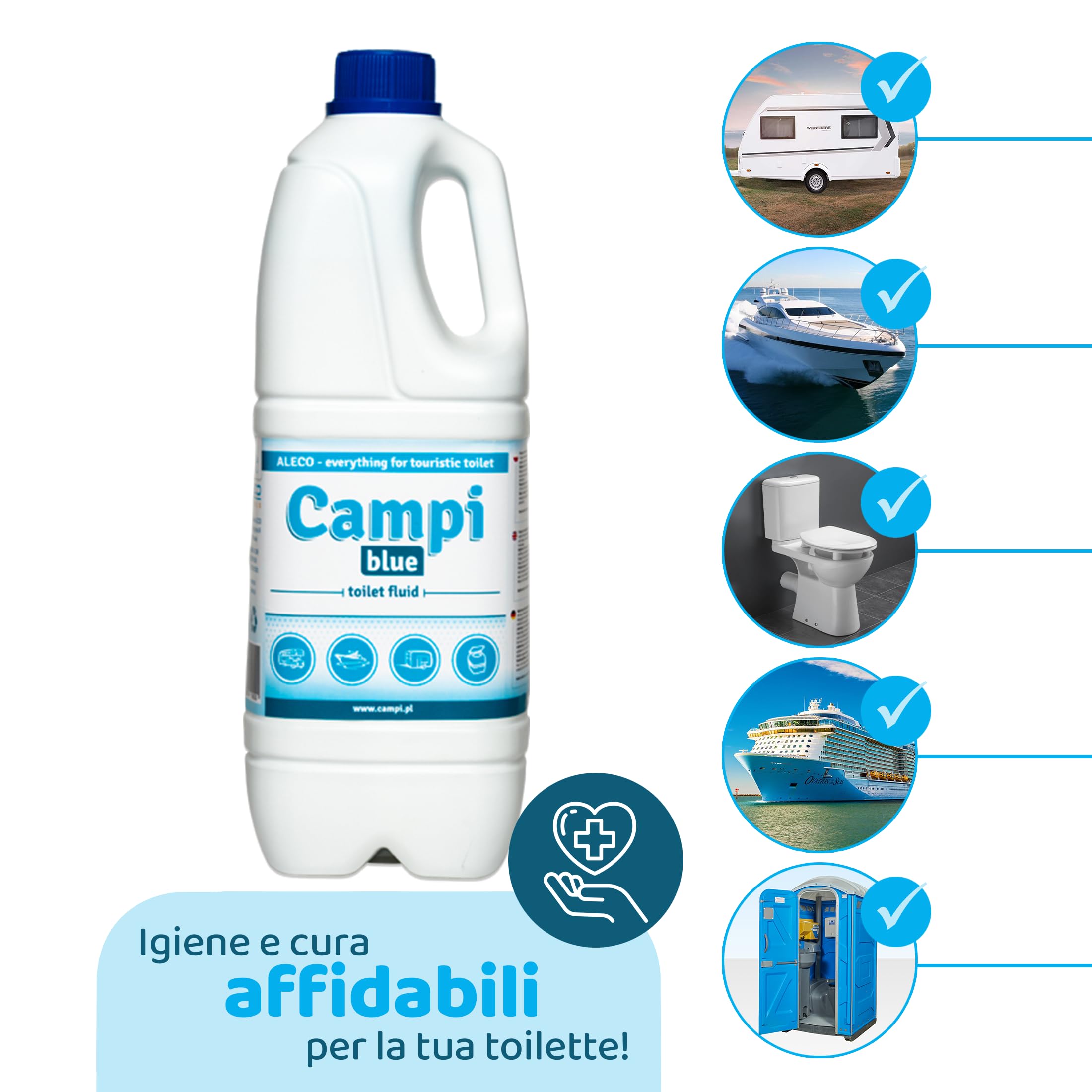 CAMPI Blue 2L + Red 2L + Carta Igienica – Set di Fluidi Chimici e Sanitari per WC da Campeggio – Additivo per WC per Serbatoi di Acque Dolci e di Scarico – Fluido per Roulotte e Barche