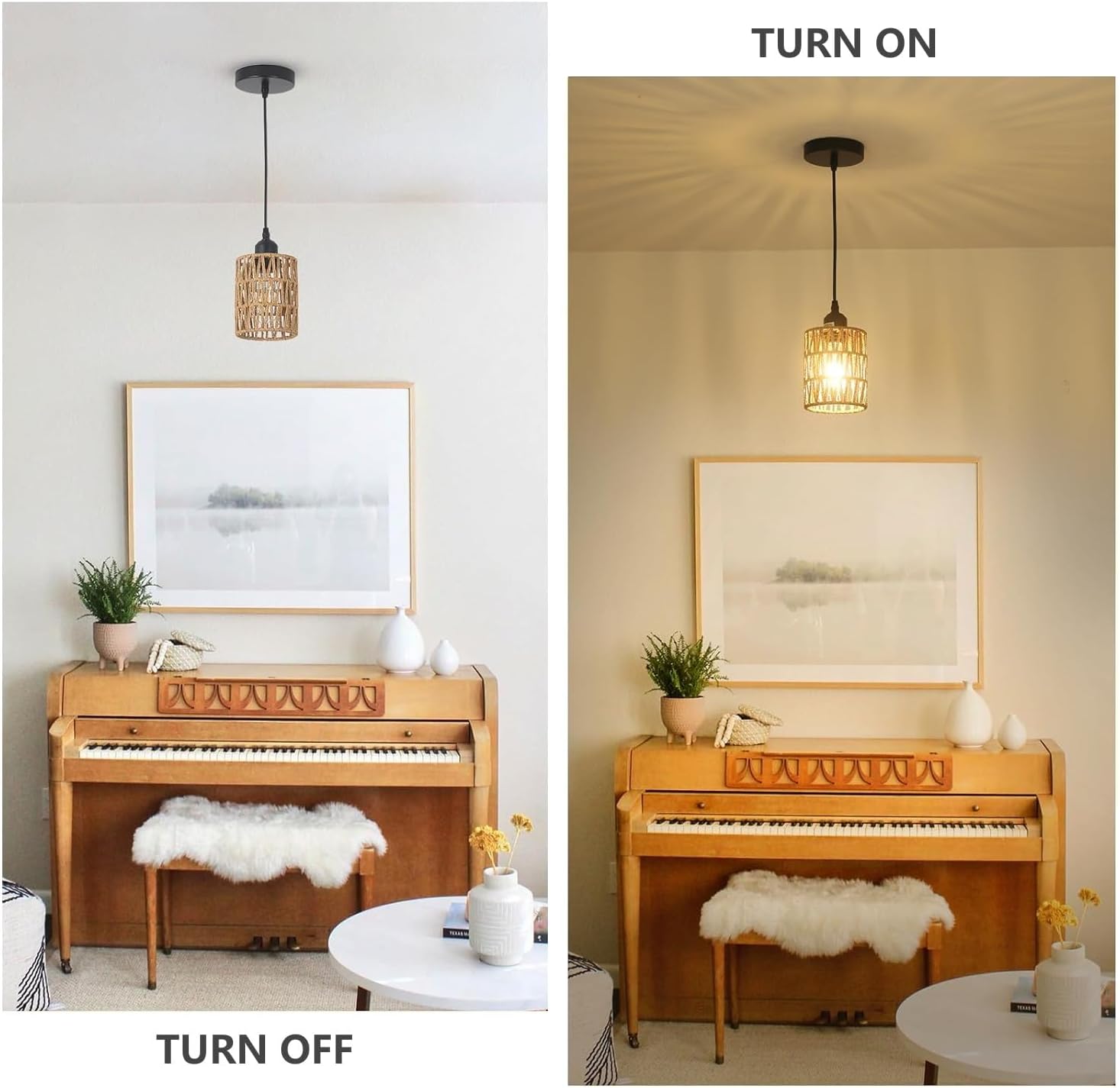 Rattan Pendant Light Boho Farmhouse Hanging Ceiling Lamp Vintage Rustic Small Basket Woven Pendant Lighting Fixture for Kitchen Island Bedroom