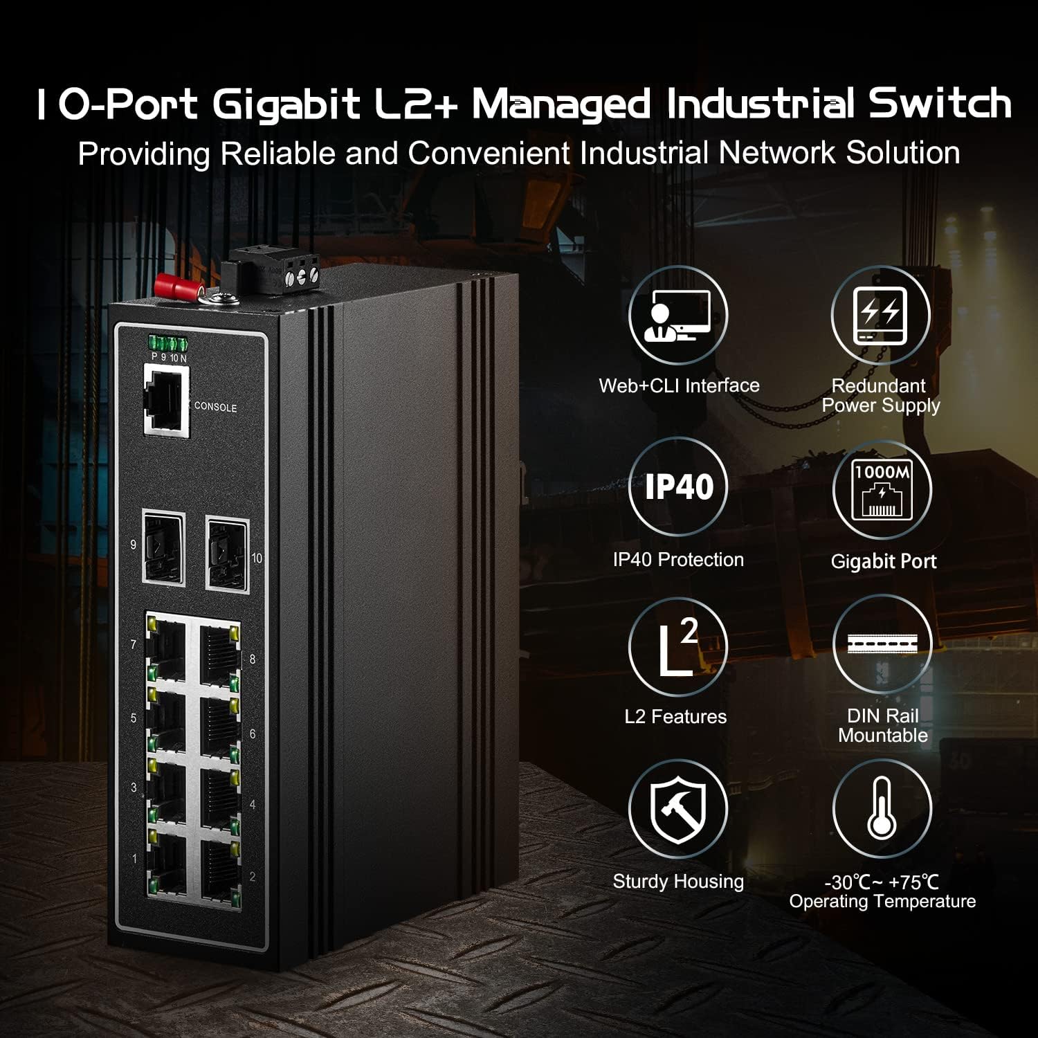 Binardat 10 Port Gigabit L2+ Managed Industrial DIN-Rail Switch, 8 Gigabit Ethernet Ports, 2 Gigabit SFP, Vlan|Route|Ring|ACL|Qos Web/Console Managed