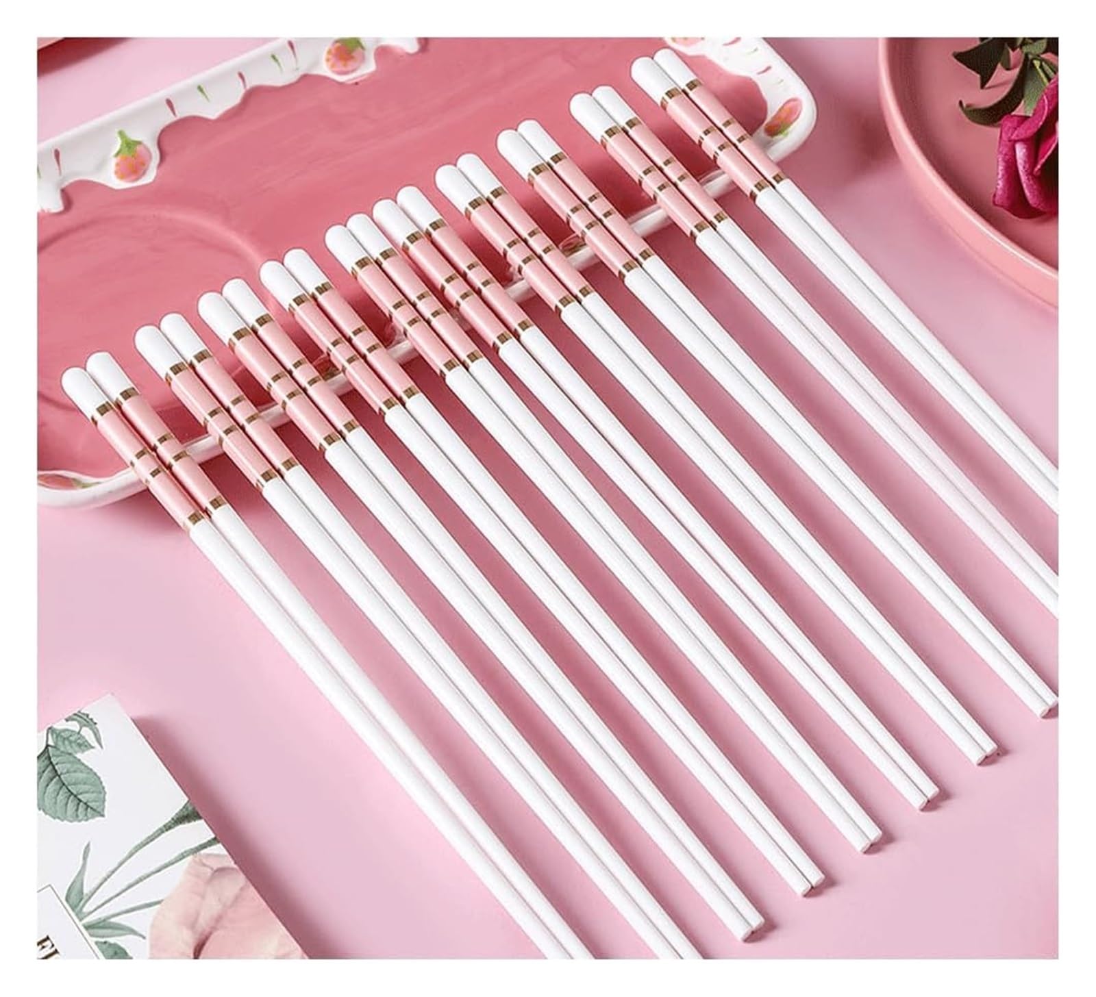 Jeu de baguettes, Baguettes réutilisables en porcelaine rose mignon, coffret cadeau de 10 paires baguettes premium avec étui(Pink1)