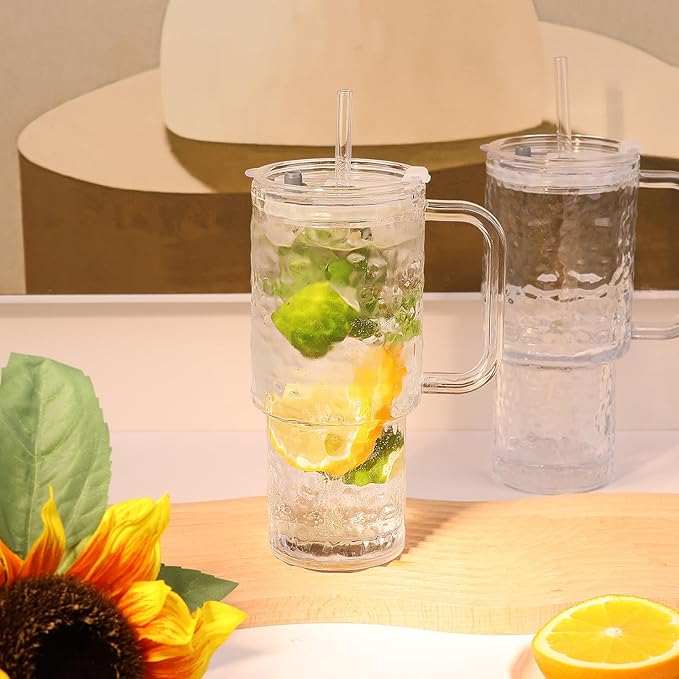 Vaso con Tapa, Sorbete y Asa, 26 oz, Vidrio Resistente, Pack de 2 miniatura 4