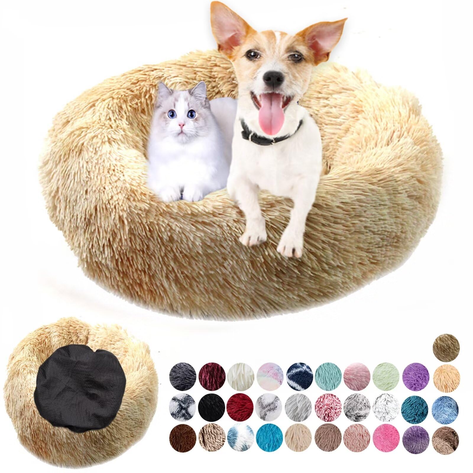 Dog Bed Soft Fluffy Round Dog Houses Calming Pet Beds Plush Anti Anxiety, Anti-Slip Cat Bed Easily Washable Dog Beds Improving Sleeping and Warm, Small Medium Large Gradient Yellow 70cm