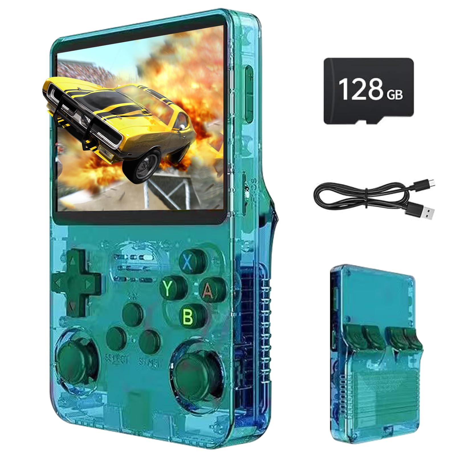 Febotak R36S - Console da gioco retrò portatile con schermo IPS da 3,5", 128 GB di memoria, oltre 40.000 giochi, basato su LINXU Open Source ARKOS, batteria da 3500 mAh (Macaron verde trasparente)