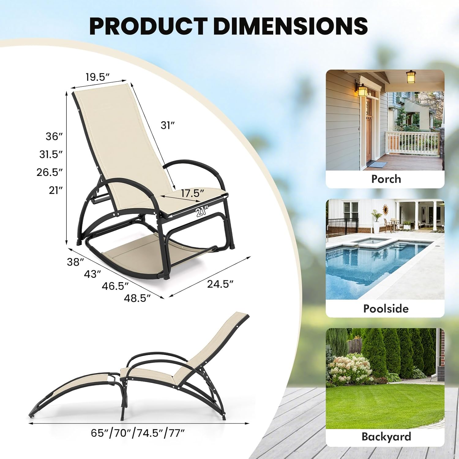 Giantex 2-in-1 Outdoor Rocking Chair, Convertible Lounge Chair with 4-Position Adjustable Backrest, Curved Armrests, Lightweight Aluminum Frame, Patio Lounger Rocker for Porch, Poolside, Beige