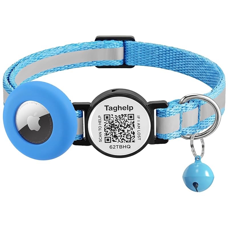 Coleira para Gatos com Suporte para AirTag, QR Code, Faixa Refletiva e Fecho Breakaway Taghelp Azul