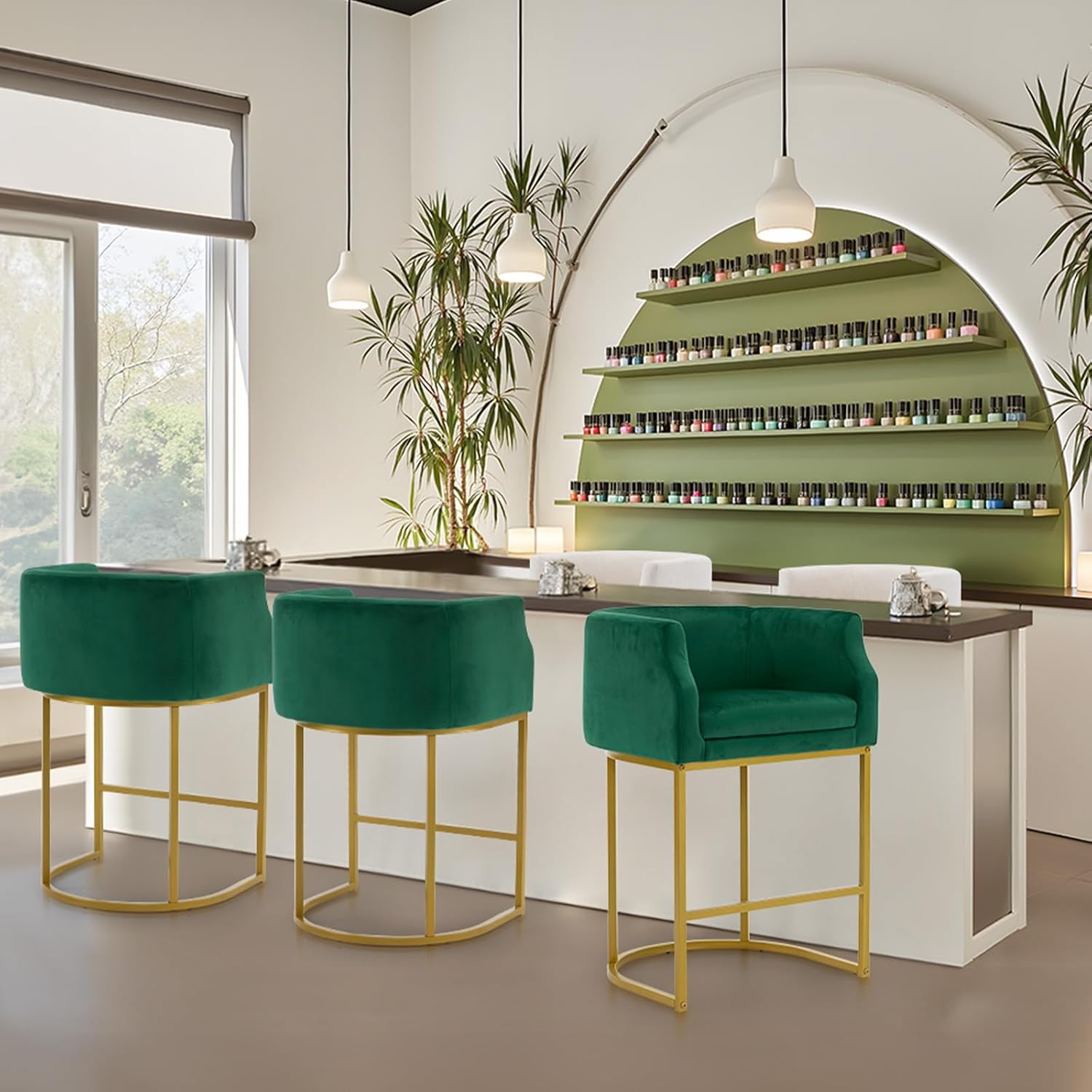 OmySalon 27" H Manicure Chair for Clients/Technician, Nail Tech Chair for Manicurist, Makeup Beauty Chairs, Modern Barrel Counter Height Bar Stools for Nail Salon, Bar, Cafe, Green, Velvet