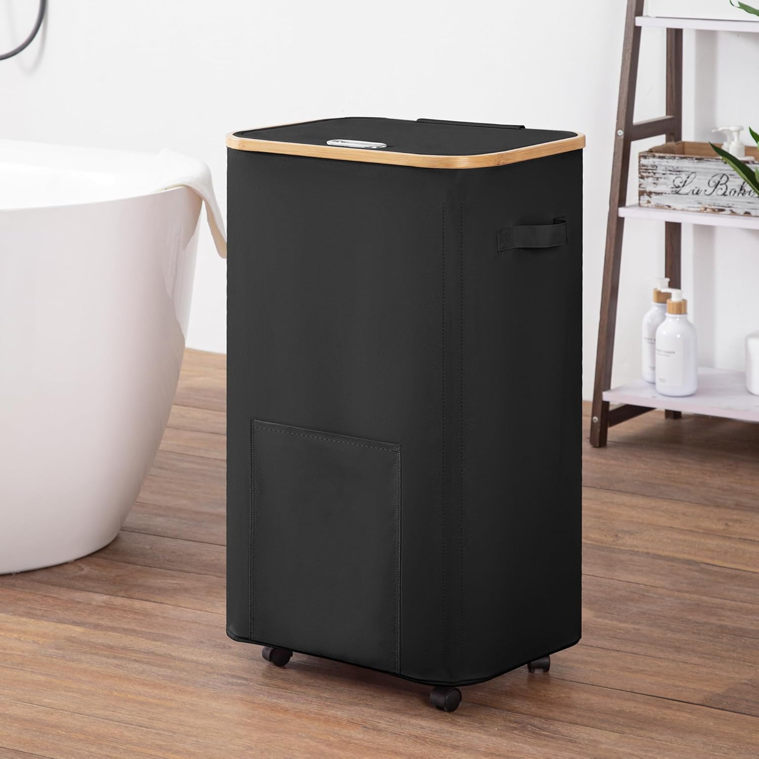 Laundry Basket with Wheels, Tall Dirty Clothes Hamper on Wheels, Rolling Laundry Hamper with lid for Dorm, Bedroom and Bathroom (Black, 100L)