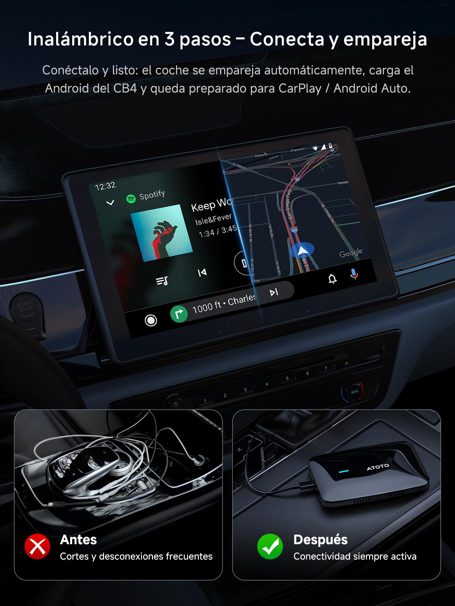 Adaptador CarPlay Android Auto Inalámbrico, AI Box carpaly Youtube/Netflix | 4+32GB,DriveChat AI, YouTube, Doble WiFi, Bloqueo Bluetooth,Aplicaciones instalables
