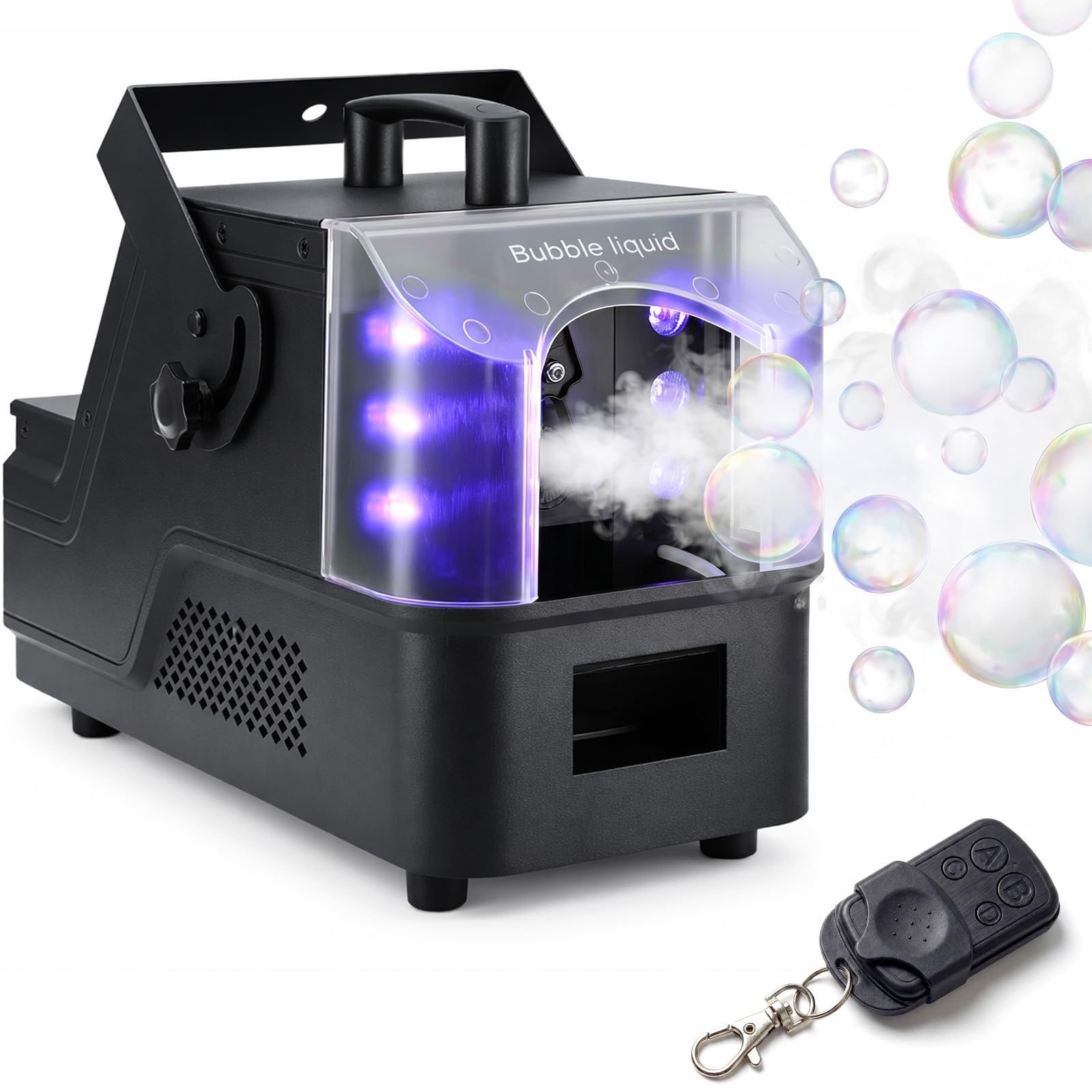 3 in 1 Nebelmaschine, Bubble Machine und Fog-Bubble Maschine mit 7 Farbe LED Licht & Fernbedienung, hohe Kapazität, langanhaltende Effekte, geeignet für Partys, Hochzeiten, Halloween, Disco und Bühne