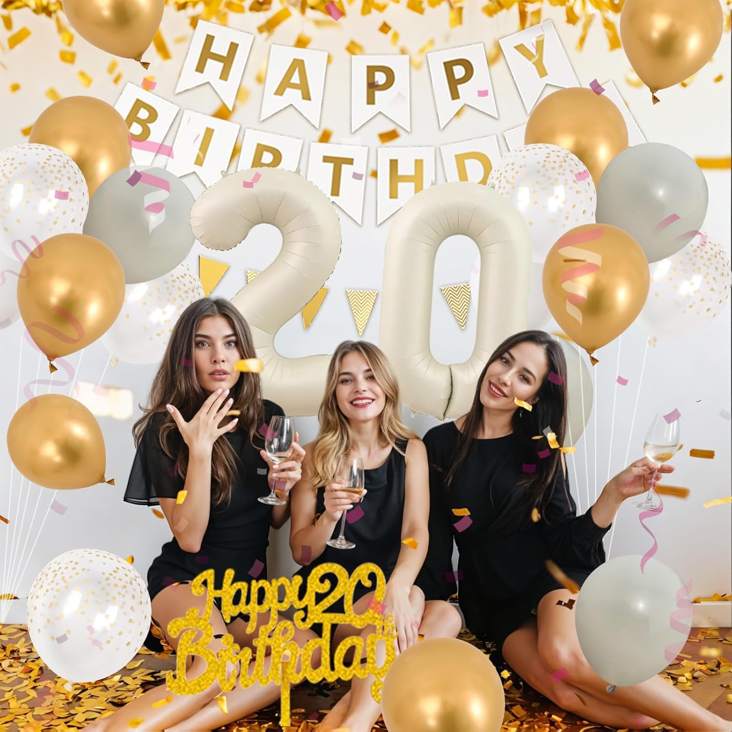 20th Birthday Decorations, Cream White Happy Birthday Party Decorations With Beige Number 20 Balloon Sand White Latex Helium Balloon Champagne Fringe Curtain Cake Topper Banner For 20th Party Supplies - Image 7