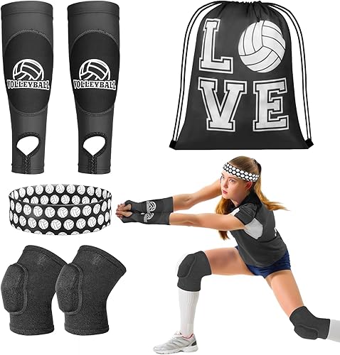 Miniatura 52 de 6 accesorios de voleibol, incluye rodilleras de voleibol, mangas para brazos, bolsa con cordón, diademas de softbol, equipo de protección