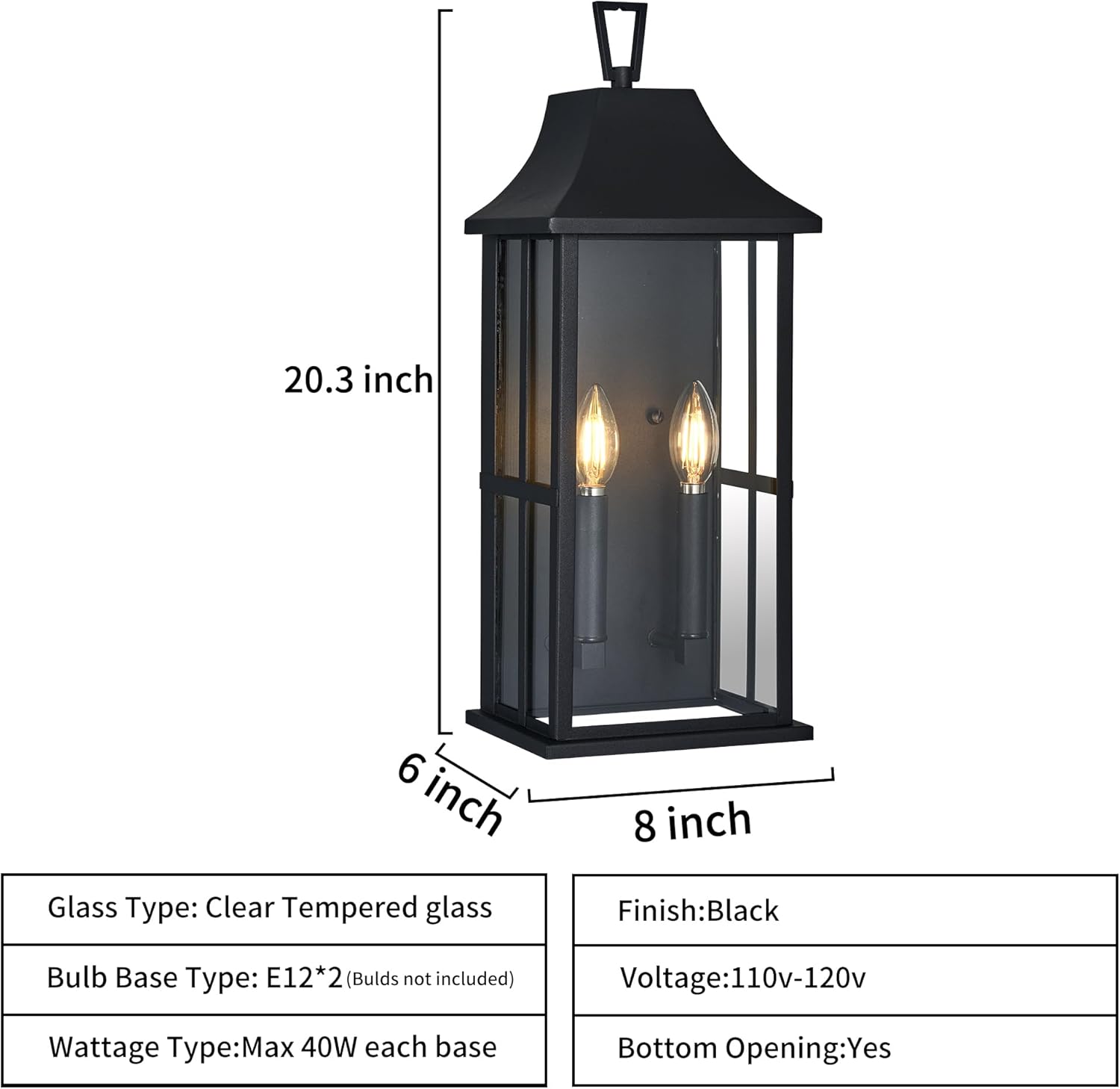 Outdoor Wall Sconce Waterproof Wall Lantern 2-Lights, 20.3" Large Outside Modern Wall Mount Light, Exterior Matte Black Porch Light with Glass for House Patio Garage,Bulbs Not Included