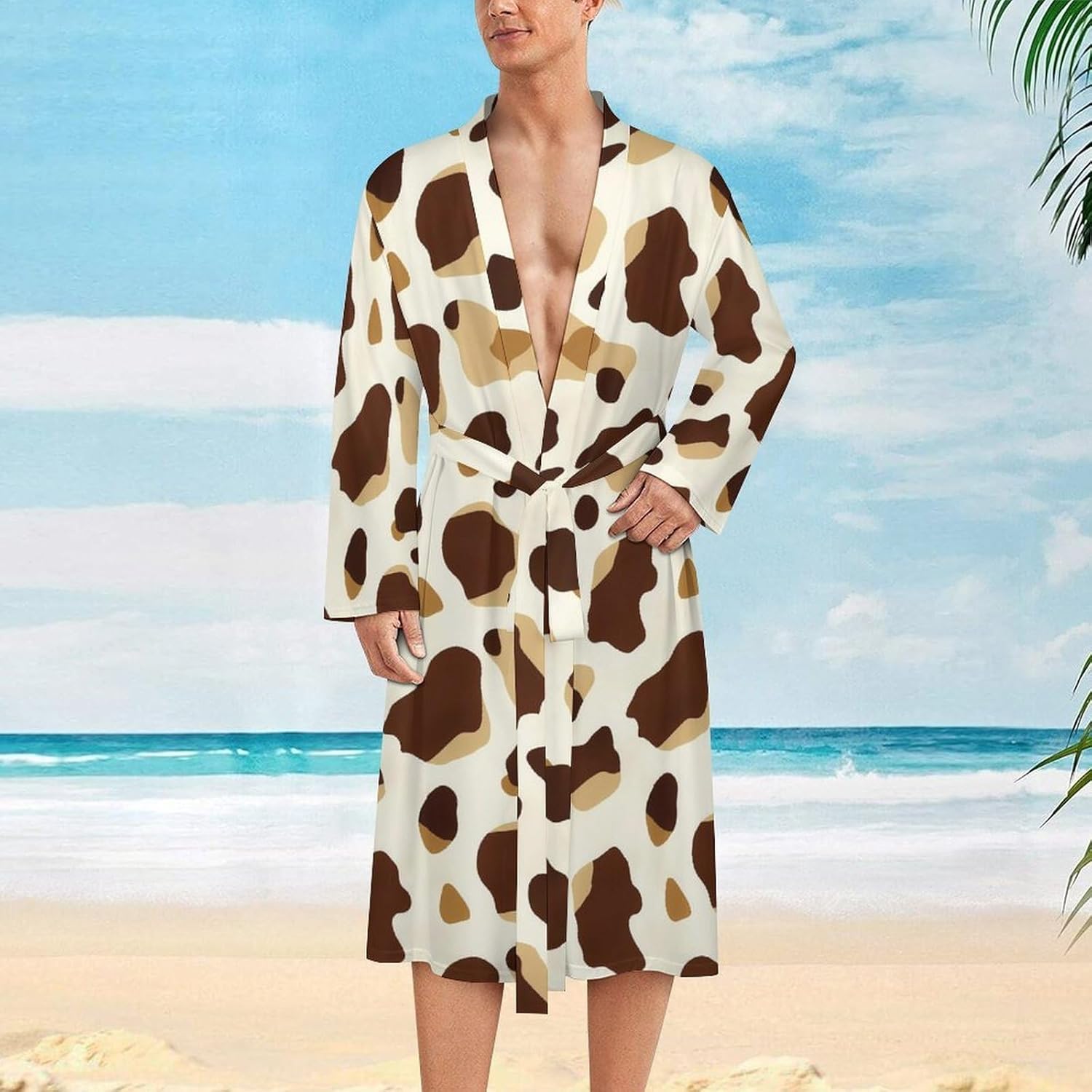 Cow Print Brown Mens Robe Long Bathrobe for Women Bath Robes Lightweight Soft Printed Sleepwear