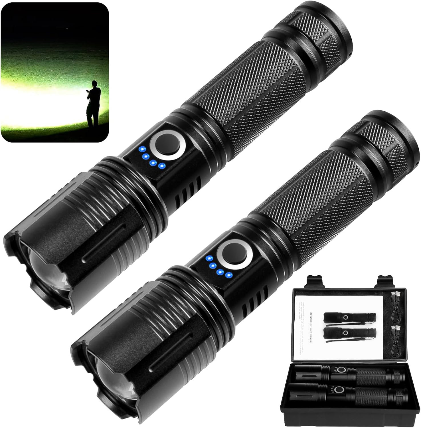 THY TRY 2 Pack Rechargeable Flashlights 90000 Excessive Lumens, Tremendous Vivid Rechargeable Flashlights for House, Excessive Powered Flash Mild with 5 Modes for Outside Actions