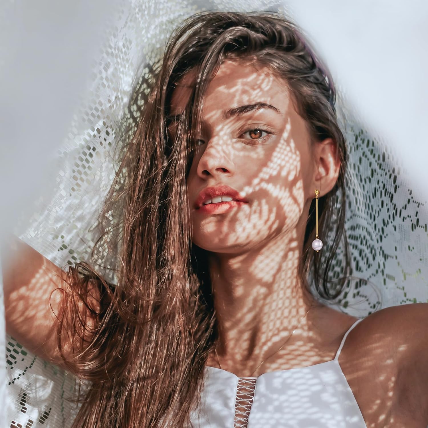 Gold Plated Pearl Drop Earrings for Women – Dainty Long Linear Pearl Dangle Stud Earrings Elegant Jewelry - Image 2