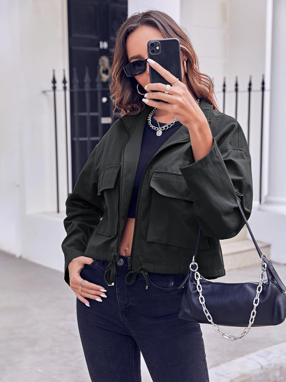 Tankaneo Women Casual Cropped Jackets Zip Up Lightweight Military Safari Short Utility Coat with Pockets - Image 5