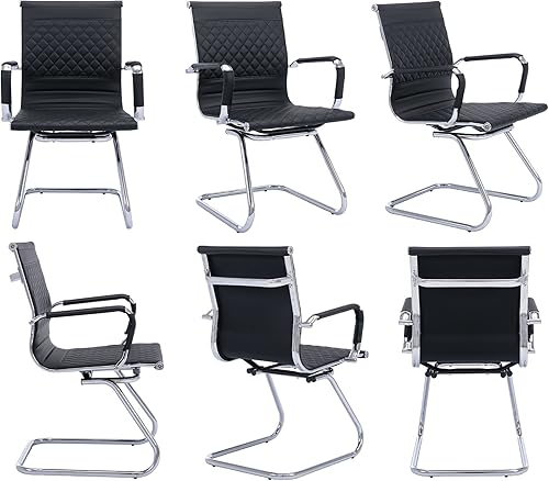 Miniatura 9 de VESCASA Sillas de oficina para invitados con respaldo de diseño de rejilla rombica, sillas de recepción de piel sintética con brazos para sala de